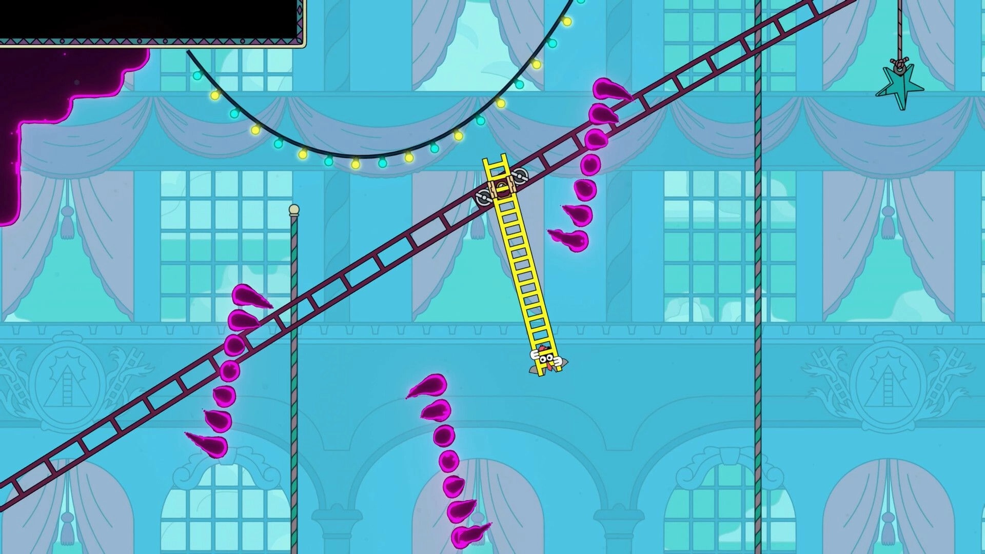 Ladder Lad: Yellow ladder character clings to a slanted rail amid purple blobs in a blue palace hall.