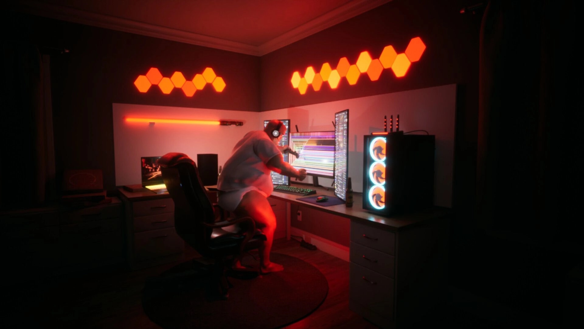 LAG KILLS: Heavyset man at multi-monitor PC desk in red-lit room with glowing hex lights and tower PC.