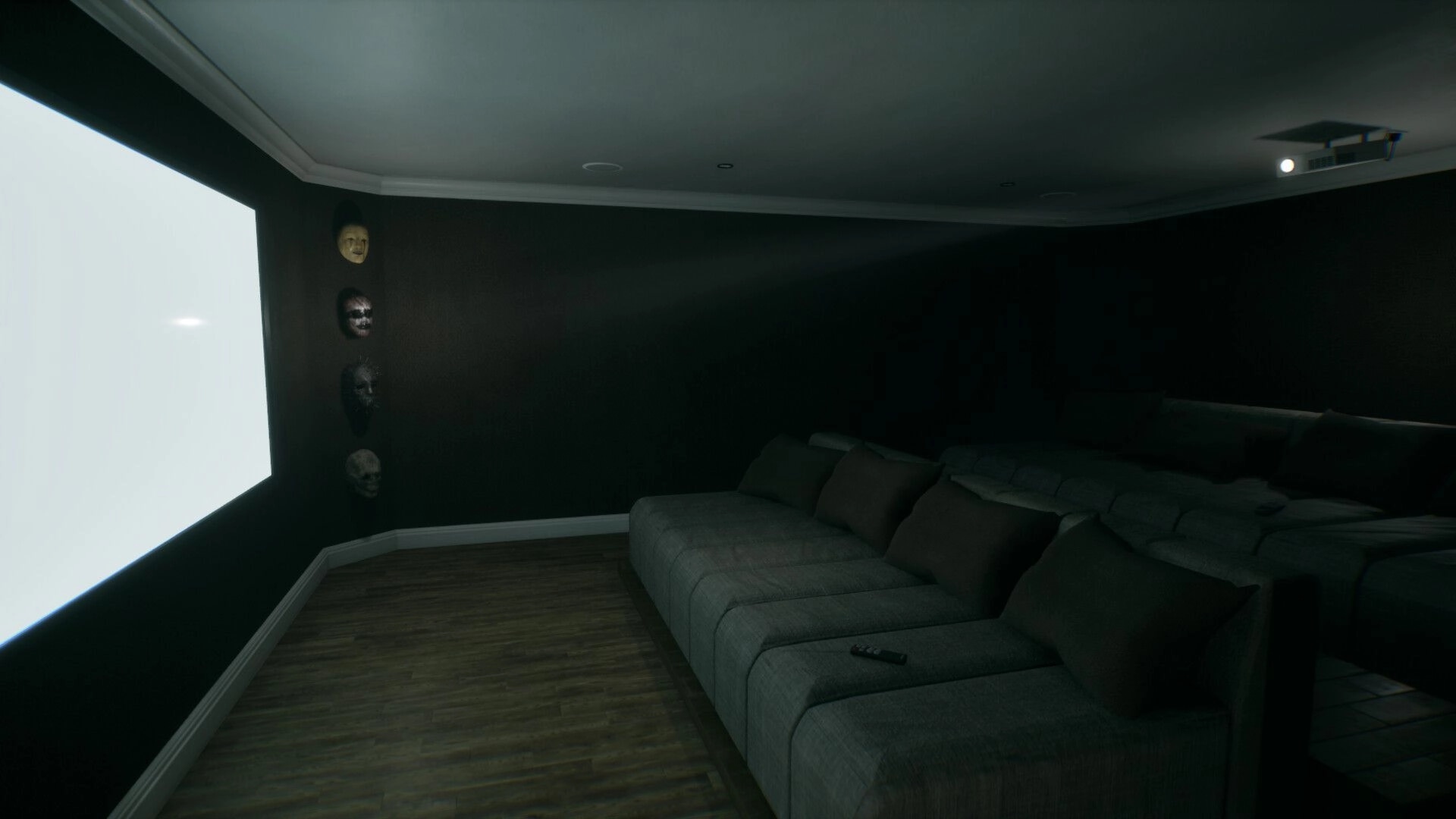 LAG KILLS: Dim home theater with bright projector screen, masks on wall, and couch with remote.