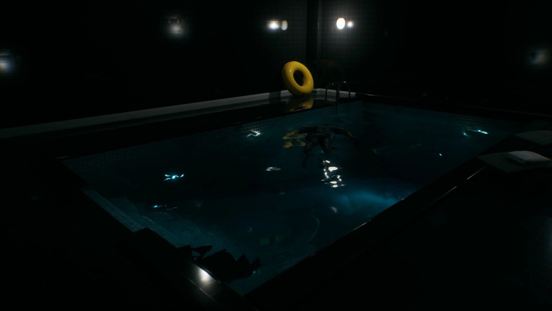 LAG KILLS: Dark indoor pool room with floating body, yellow ring, and ladder lit by wall lamps.