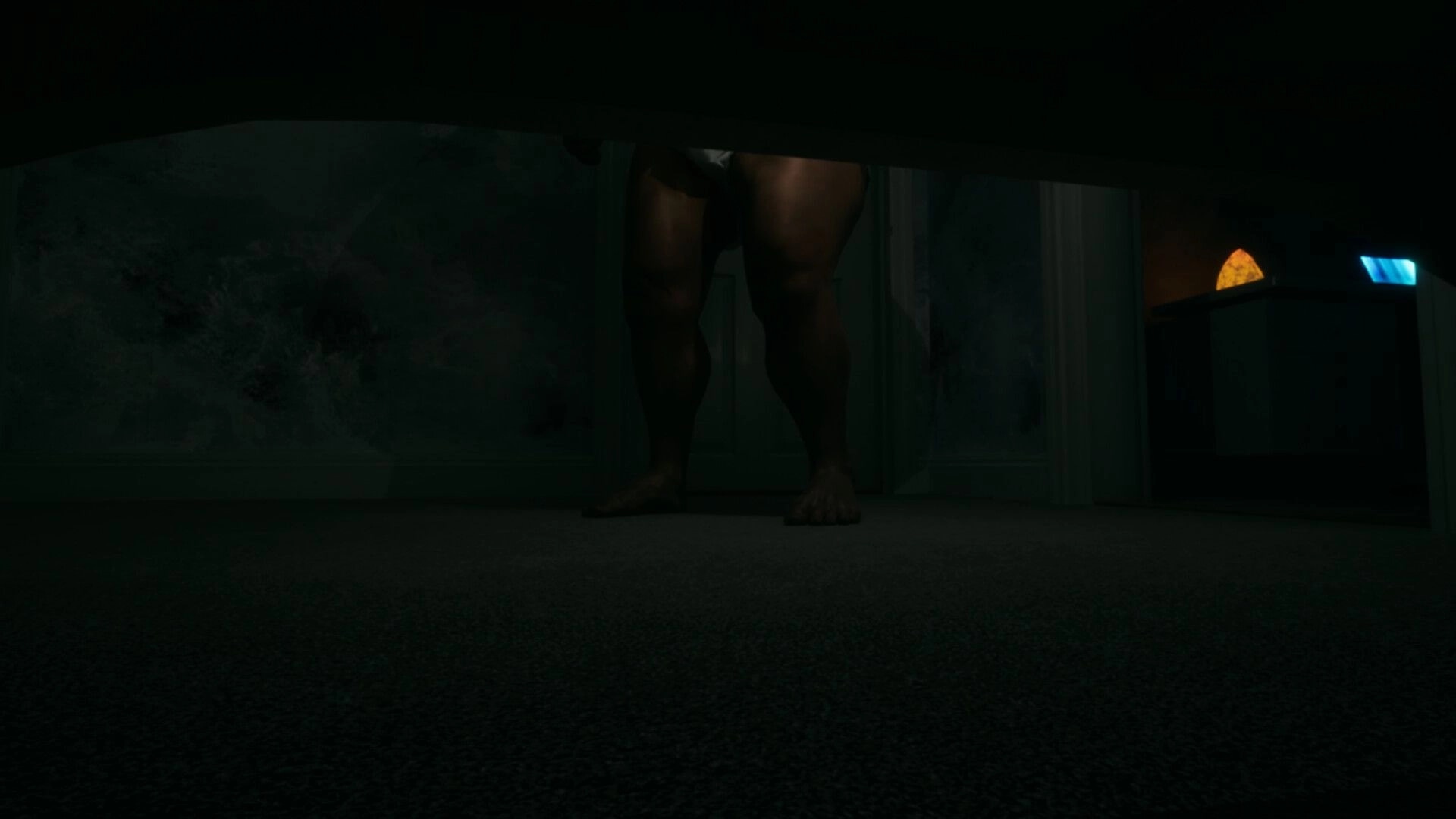 LAG KILLS: First-person view hiding under a bed as a barefoot figure stands nearby in dark room.