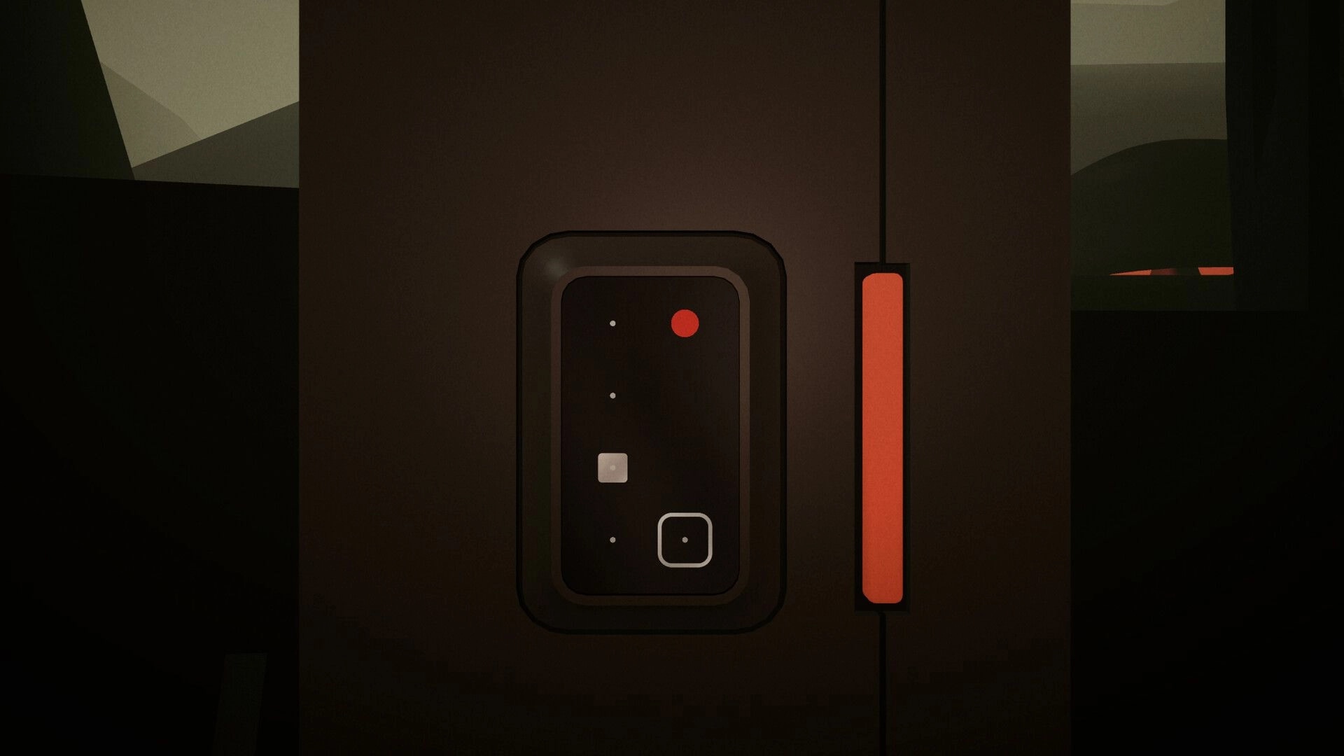 LAMINA BRUISE: Close-up of a dark panel with red and white indicators in a dimly lit industrial setting