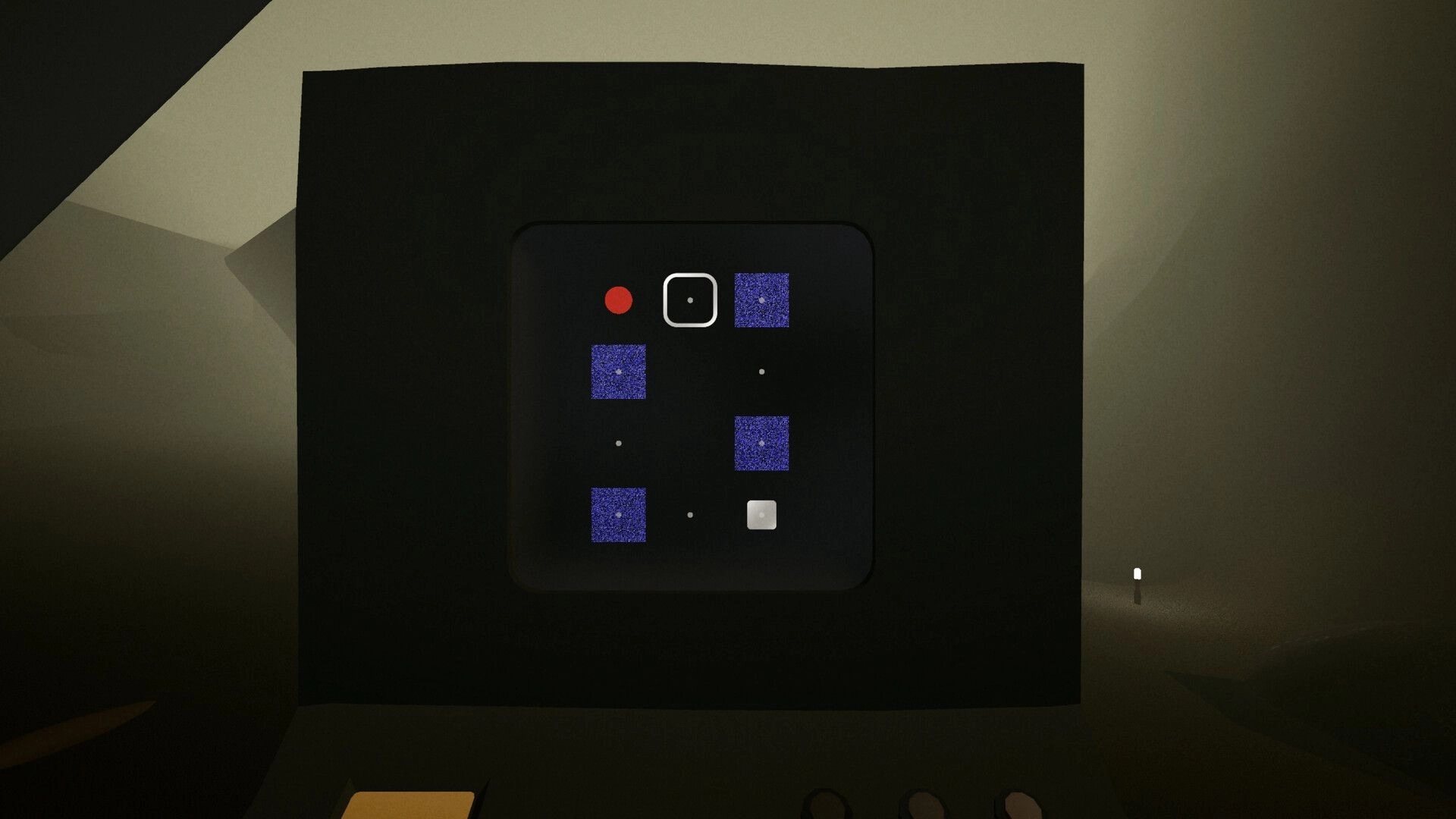 LAMINA BRUISE: Puzzle interface with grid of squares and glowing elements in a dimly lit environment