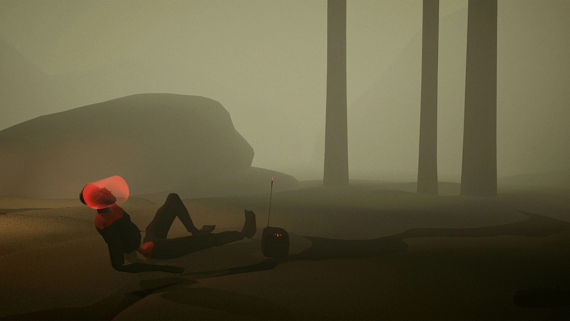 LAMINA BRUISE: Character with red helmet resting beside a small radio in a foggy, desolate forest.