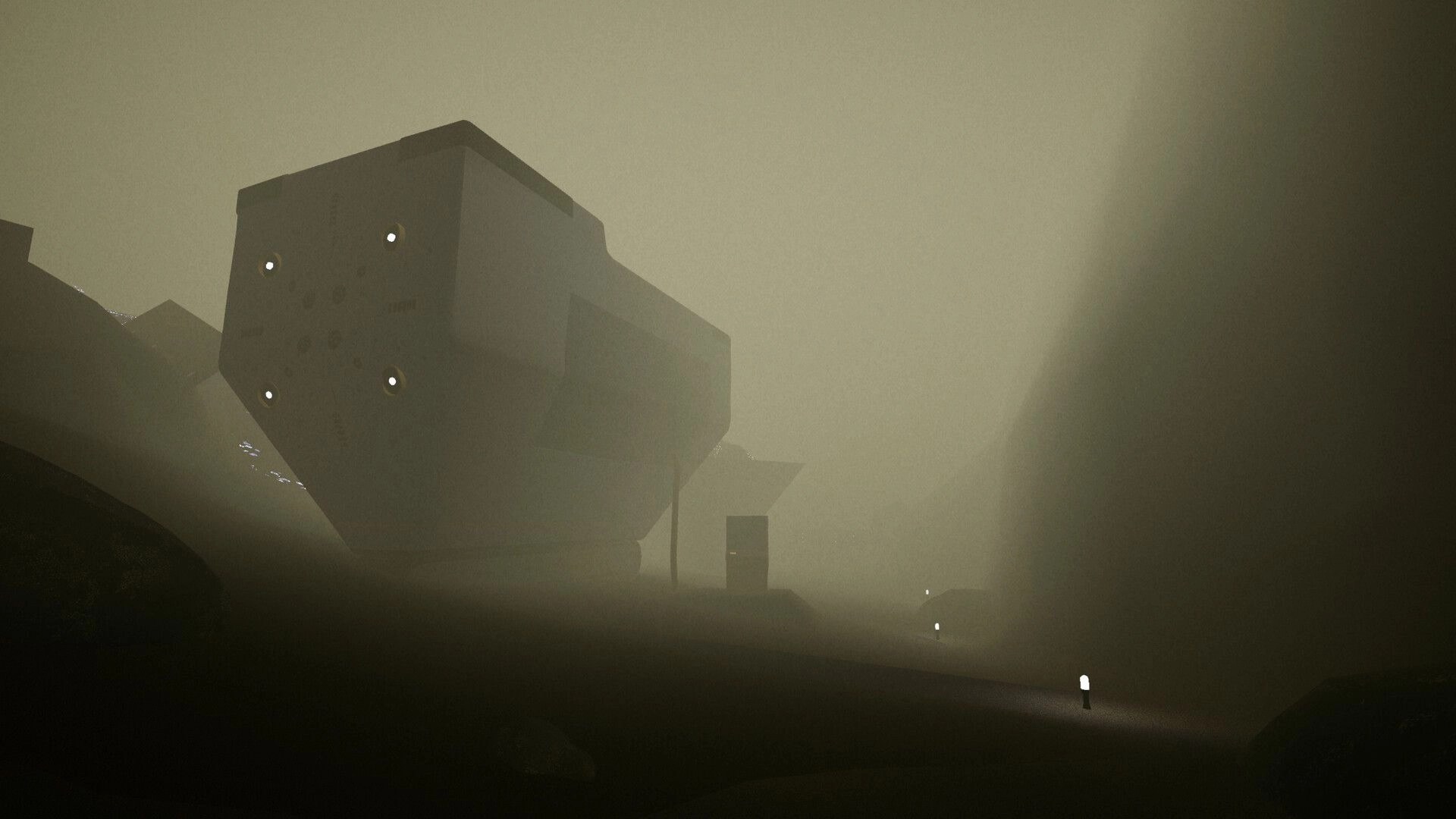 LAMINA BRUISE: Large structure shrouded in fog with faint lights in a desolate, misty landscape.