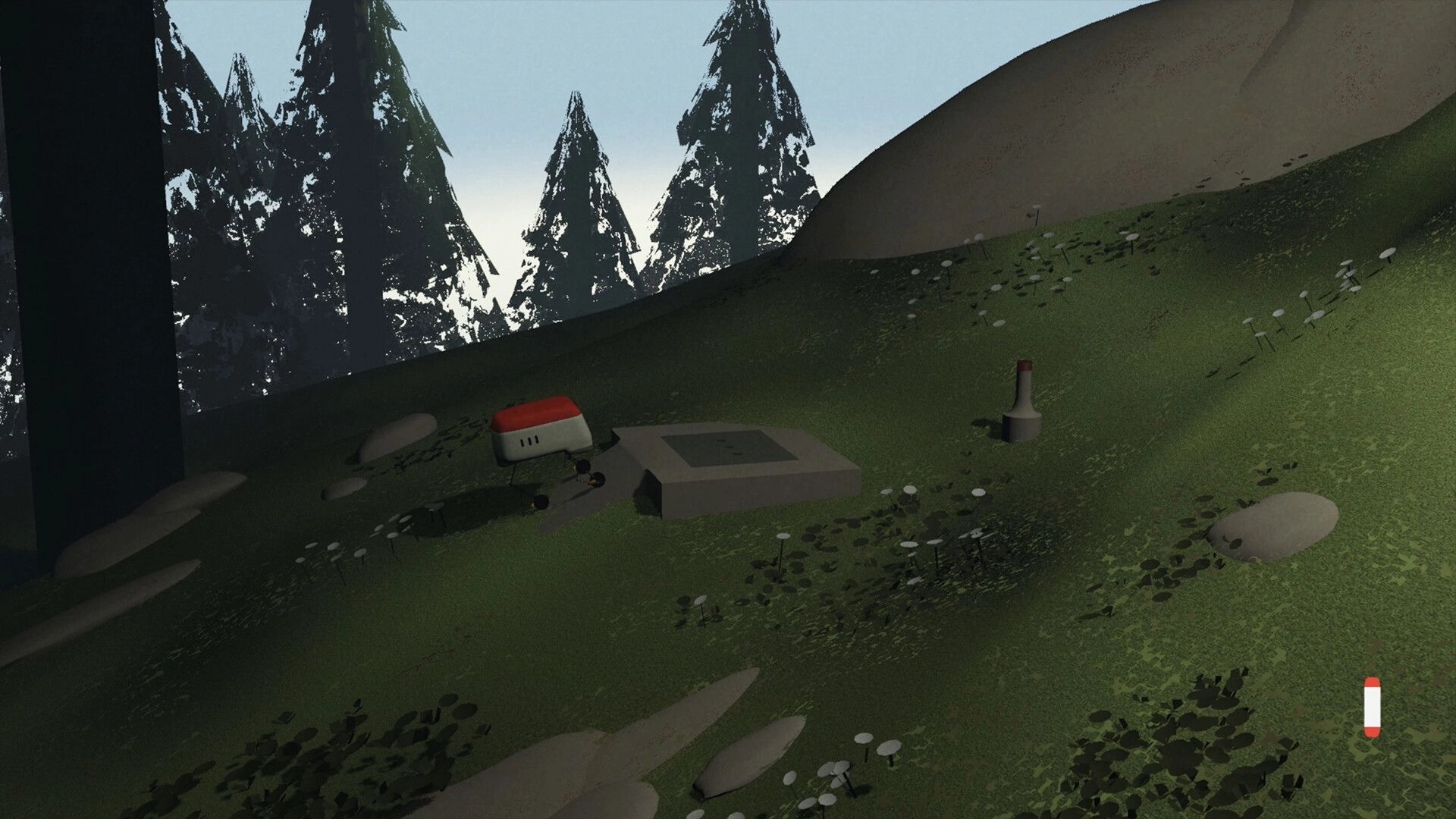 LAMINA BRUISE: Small robot explores grassy hillside with trees and structures under a clear sky.