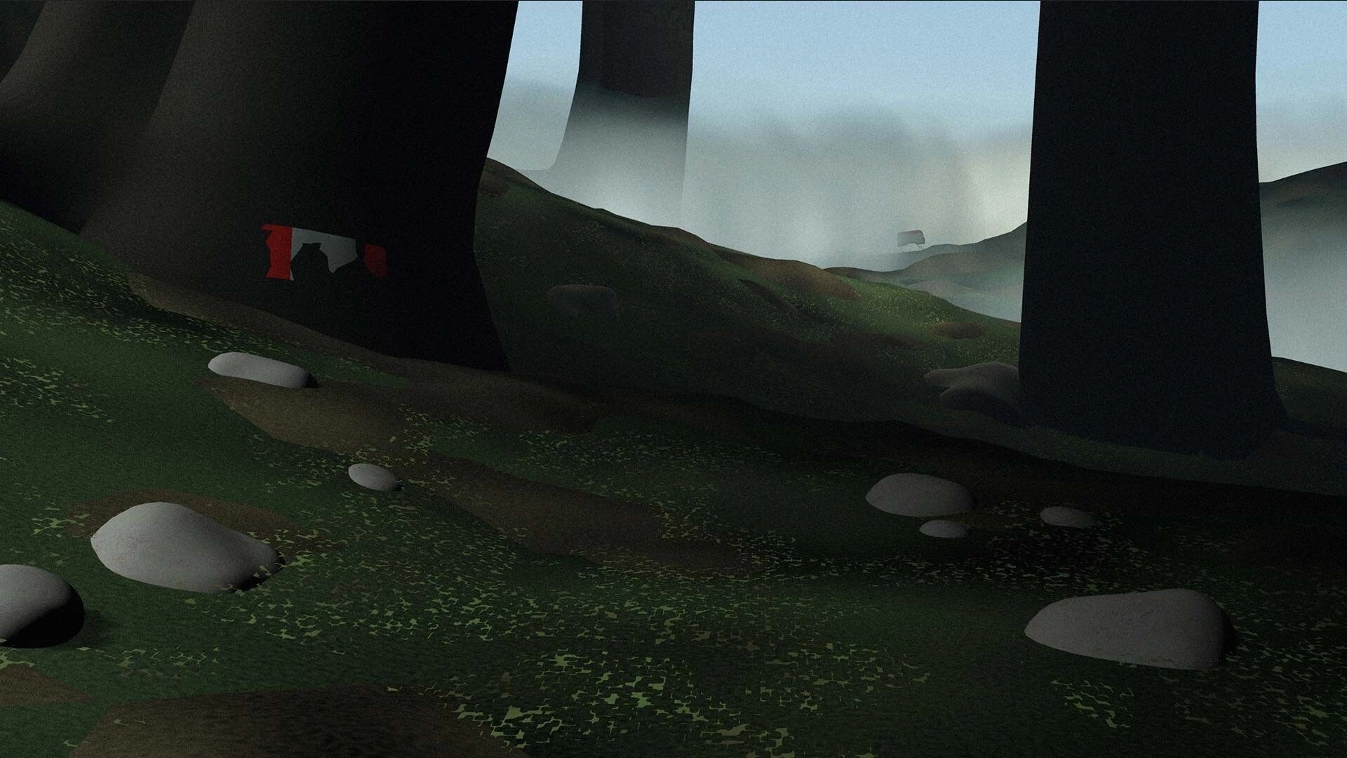 LAMINA BRUISE: Dense forest with misty atmosphere, large trees, scattered rocks, and distant structure