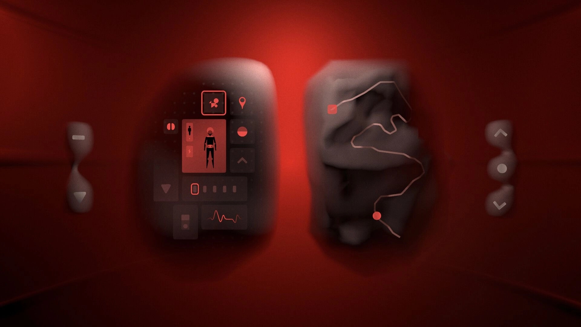 LAMINA BRUISE: Interface with character status and map navigation in a dimly lit red environment.