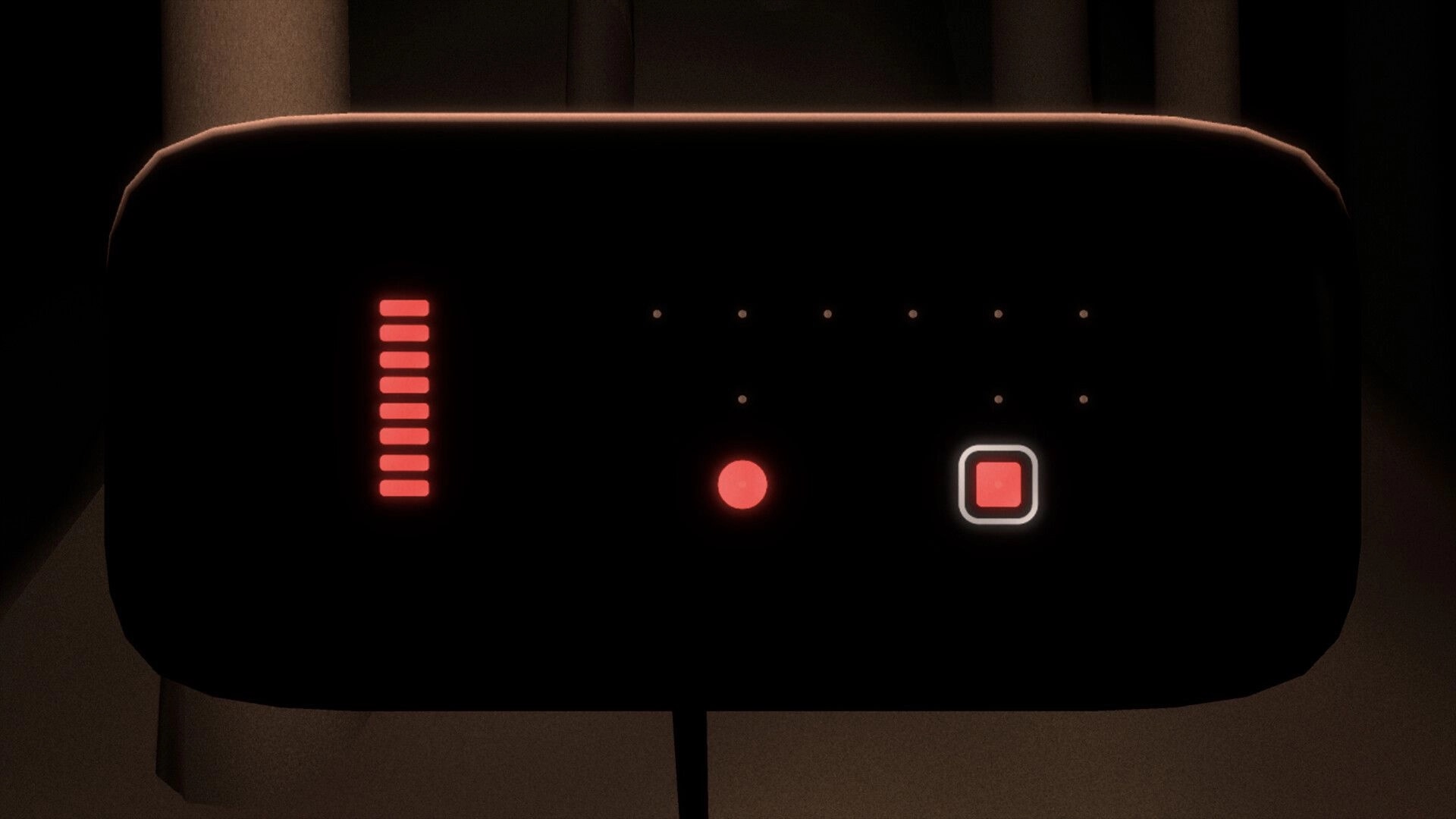 LAMINA BRUISE: Red-lit control panel with buttons and indicators in a dimly lit industrial corridor.