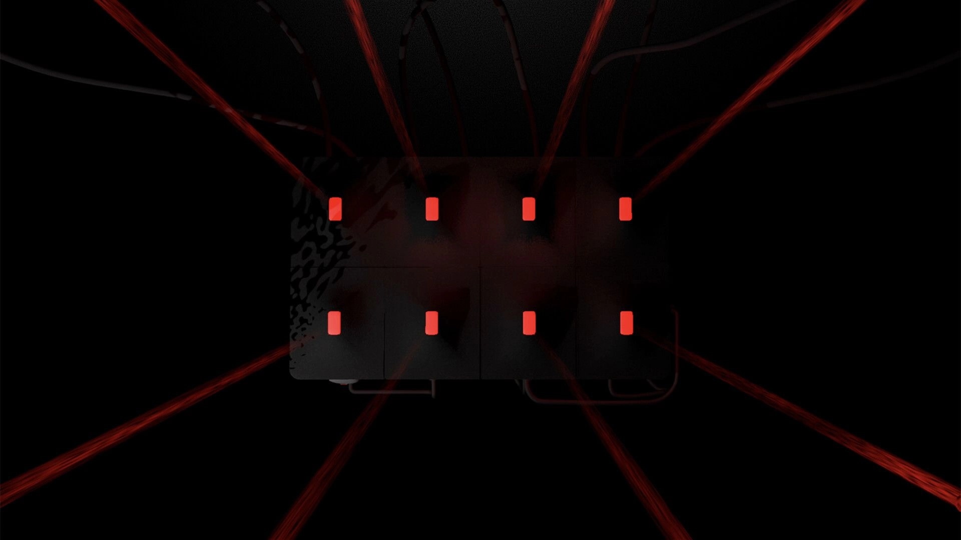 LAMINA BRUISE: Red-lit control panel with cables in a dimly lit mechanical environment