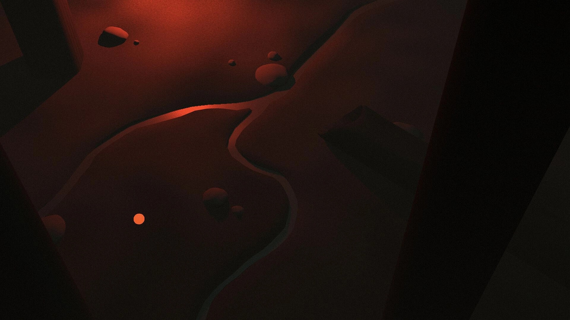 LAMINA BRUISE: Overhead view of desolate canyon terrain with scattered rocks under dim red lighting.
