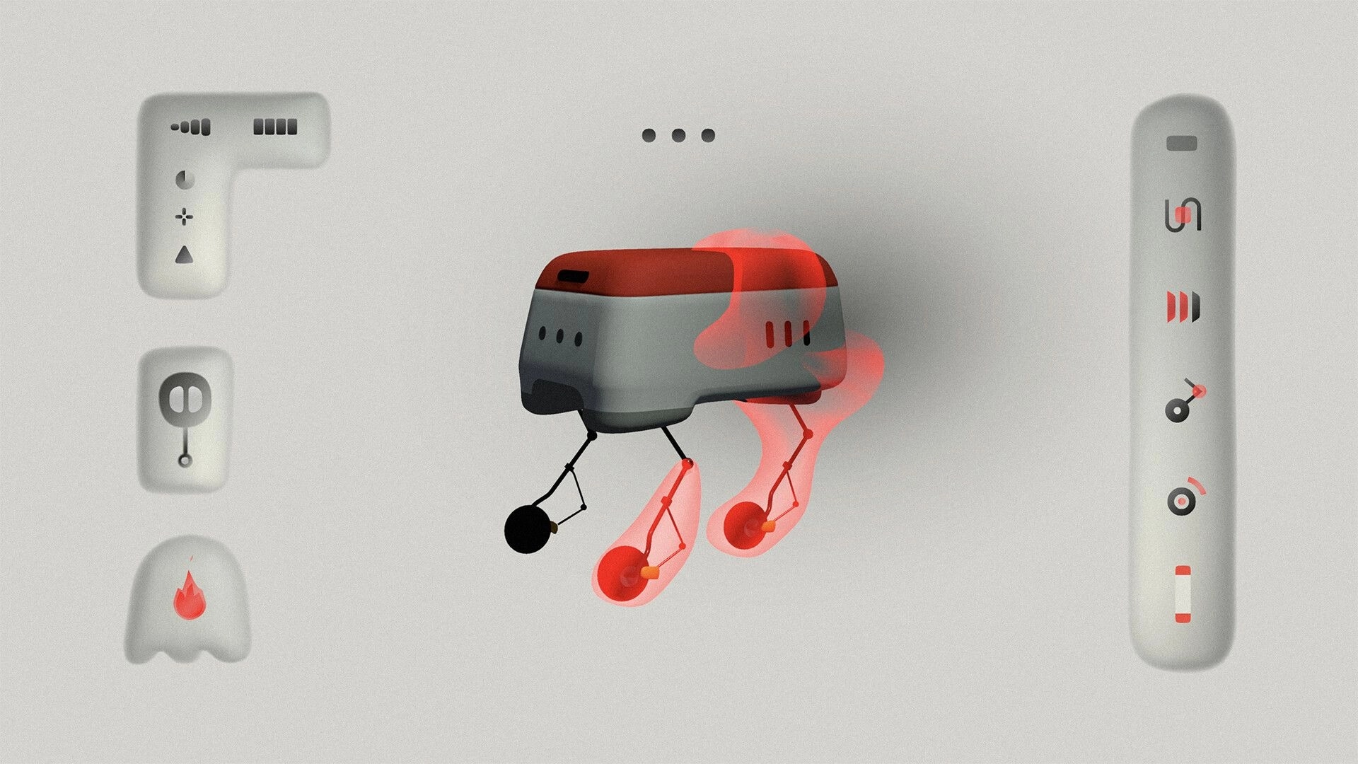 LAMINA BRUISE: Robot with glowing red wheels in futuristic interface with control icons on a gray background.