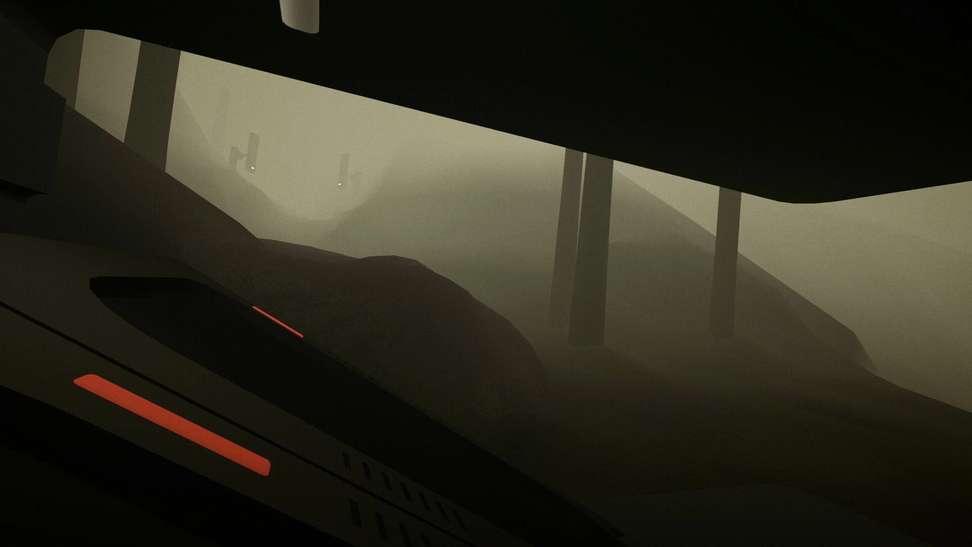 LAMINA BRUISE: Deserted landscape with towering structures under a hazy, oppressive sky.