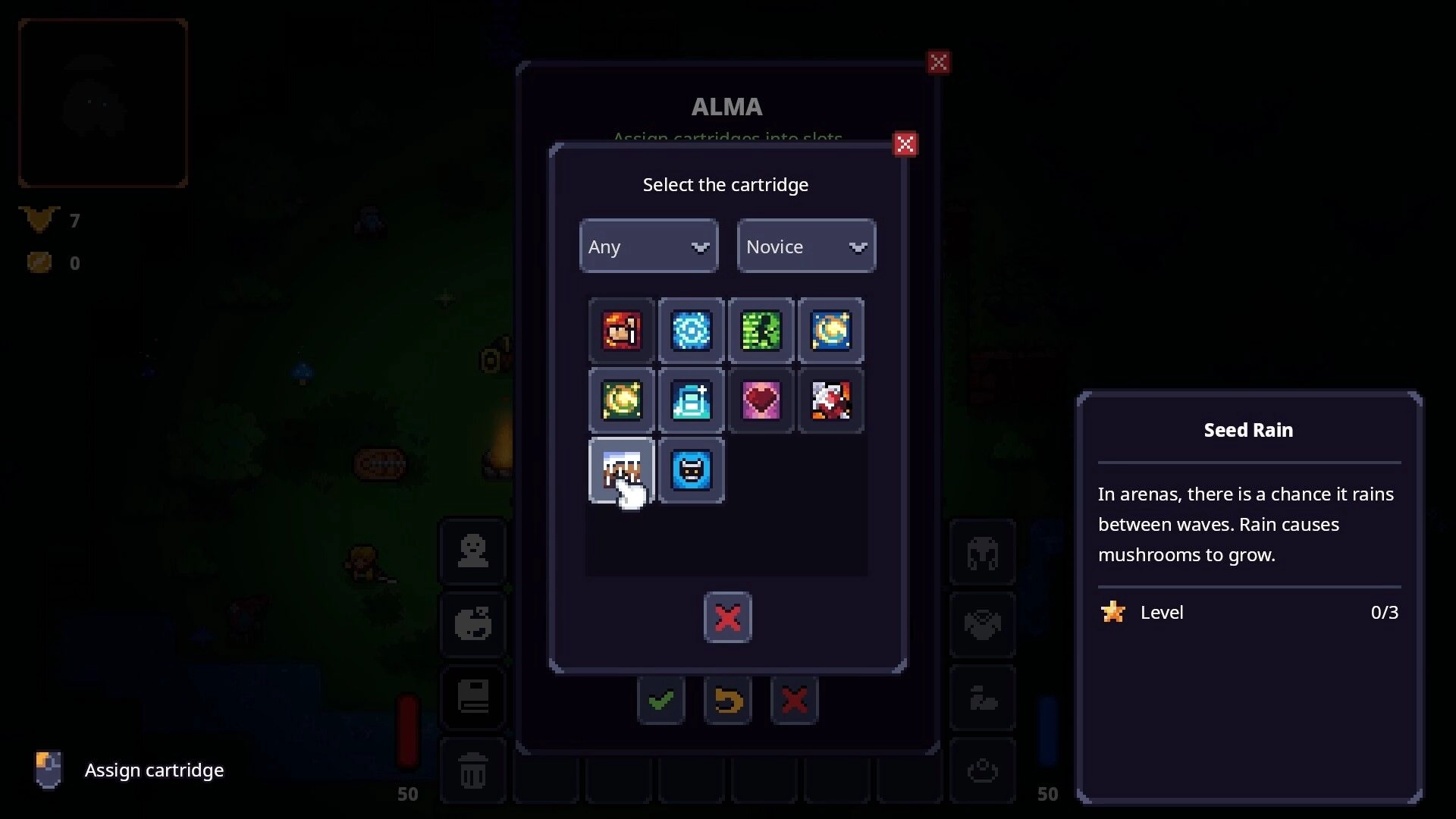 Lands of Fury: Cartridge selection menu with icon grid and Seed Rain tooltip over dark map backdrop.