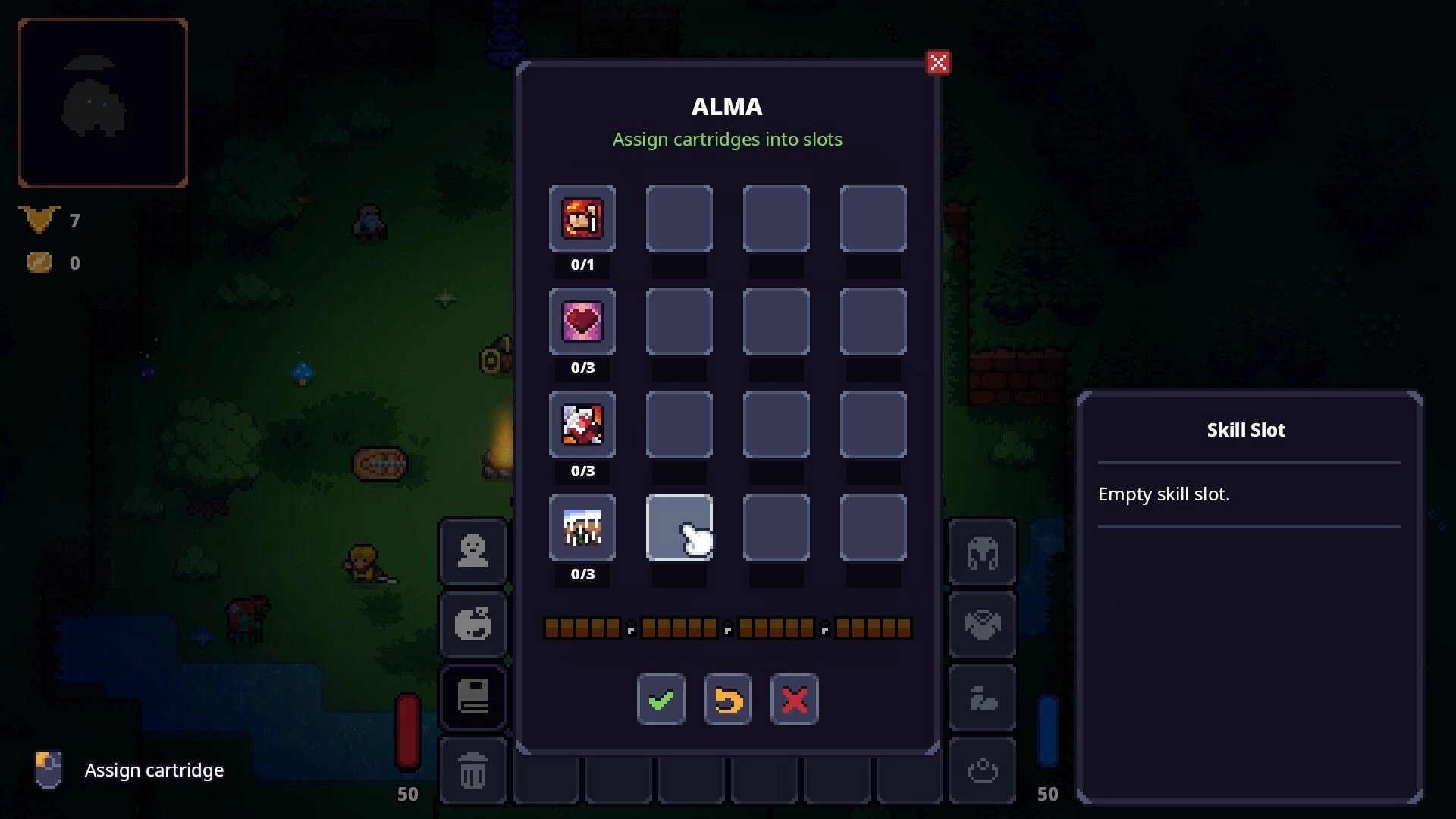 Lands of Fury: ALMA cartridge assignment menu with empty skill slots over a dark forest camp scene.