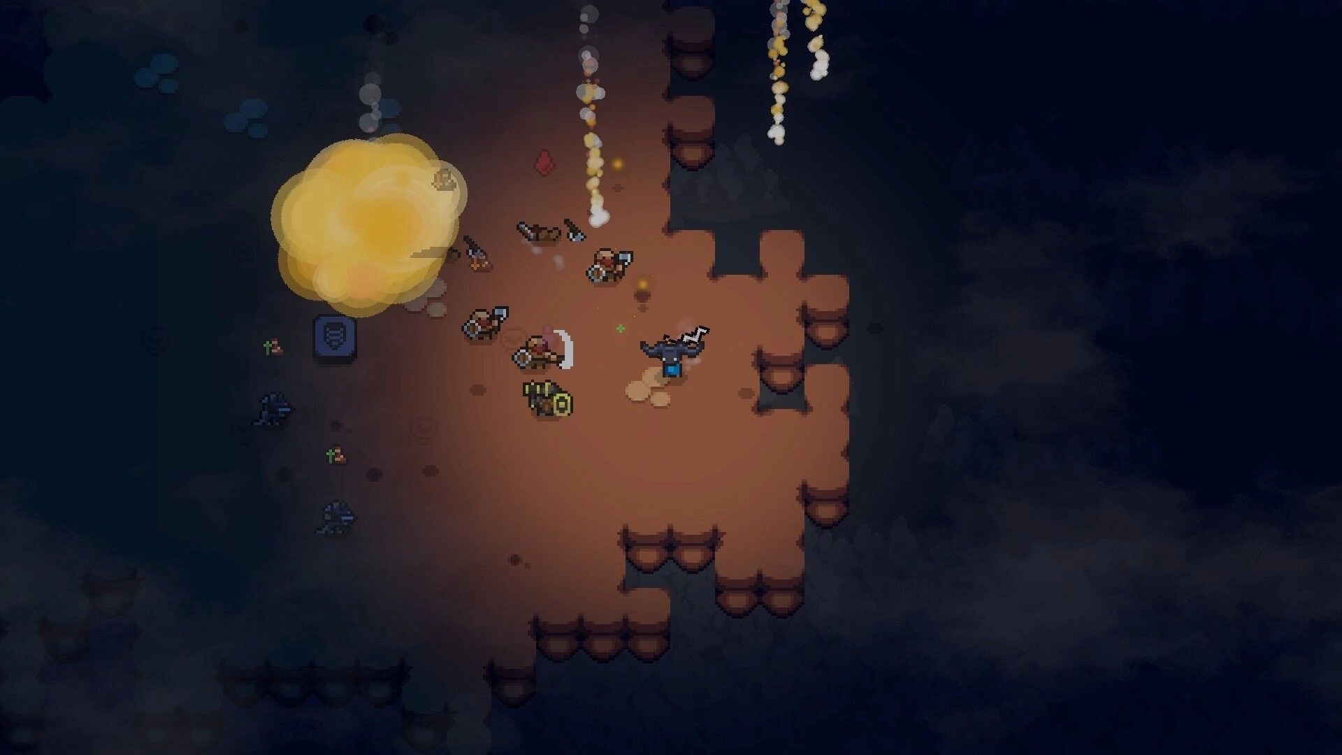 Lands of Fury: Top-down gunfight with explosions and loot drops in a dark cavern arena with rocks.