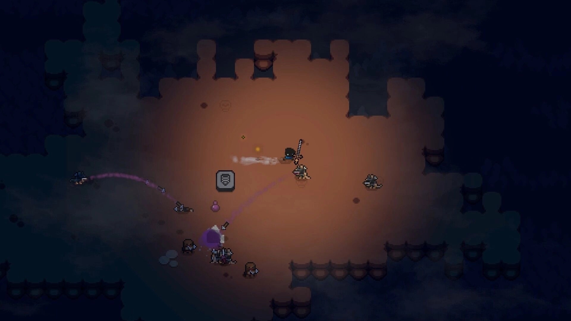 Lands of Fury: Top-down fight with sword and gunfire in a dark cave arena with shield pickup icon.