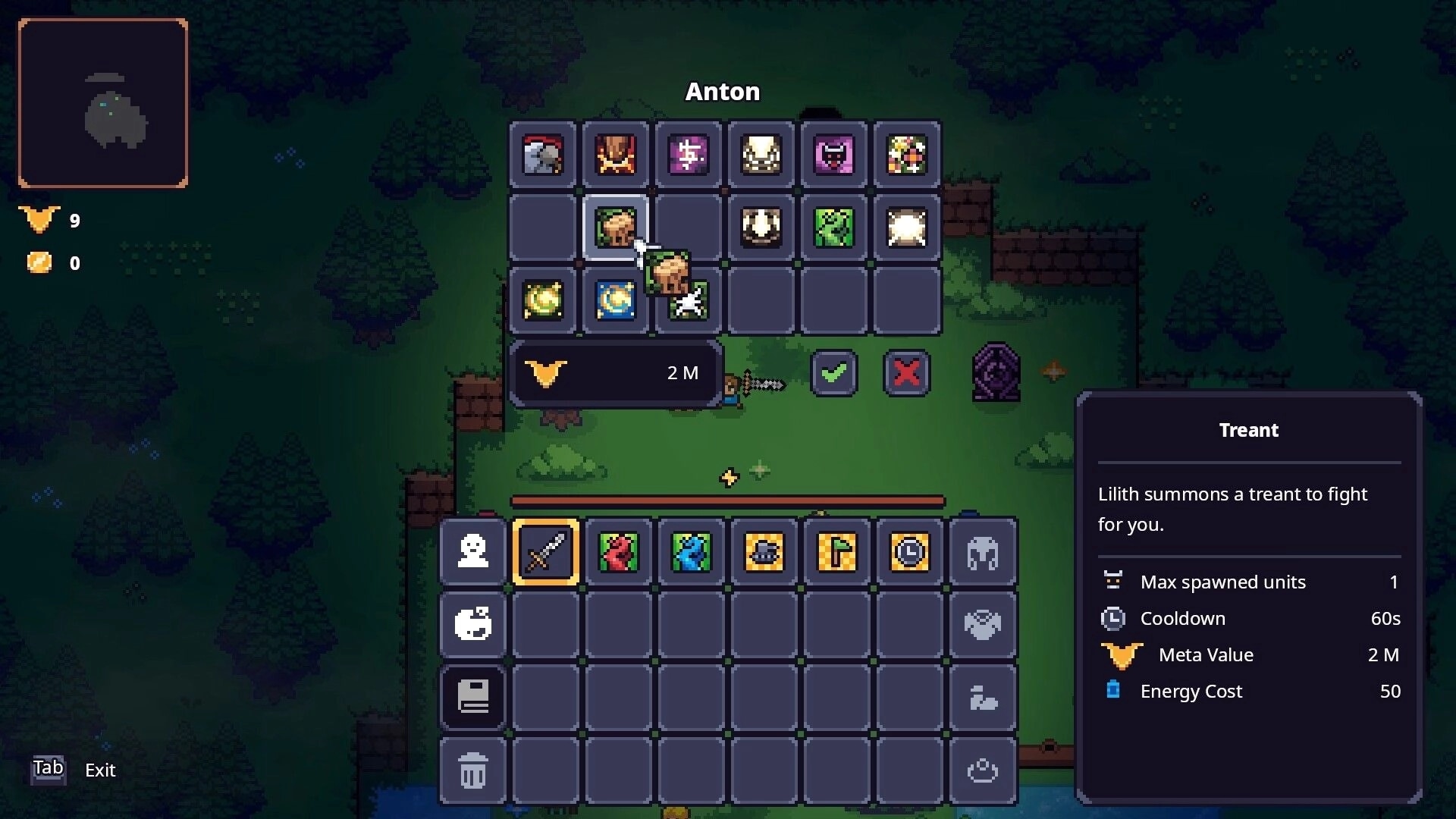 Lands of Fury: Anton inventory grid open, Treant skill tooltip over a dark forest clearing map.