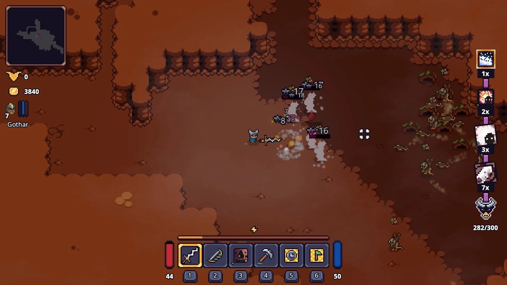 Lands of Fury: Gothar fights clustered enemies with damage numbers in a rocky cave, hotbar and minimap visible.