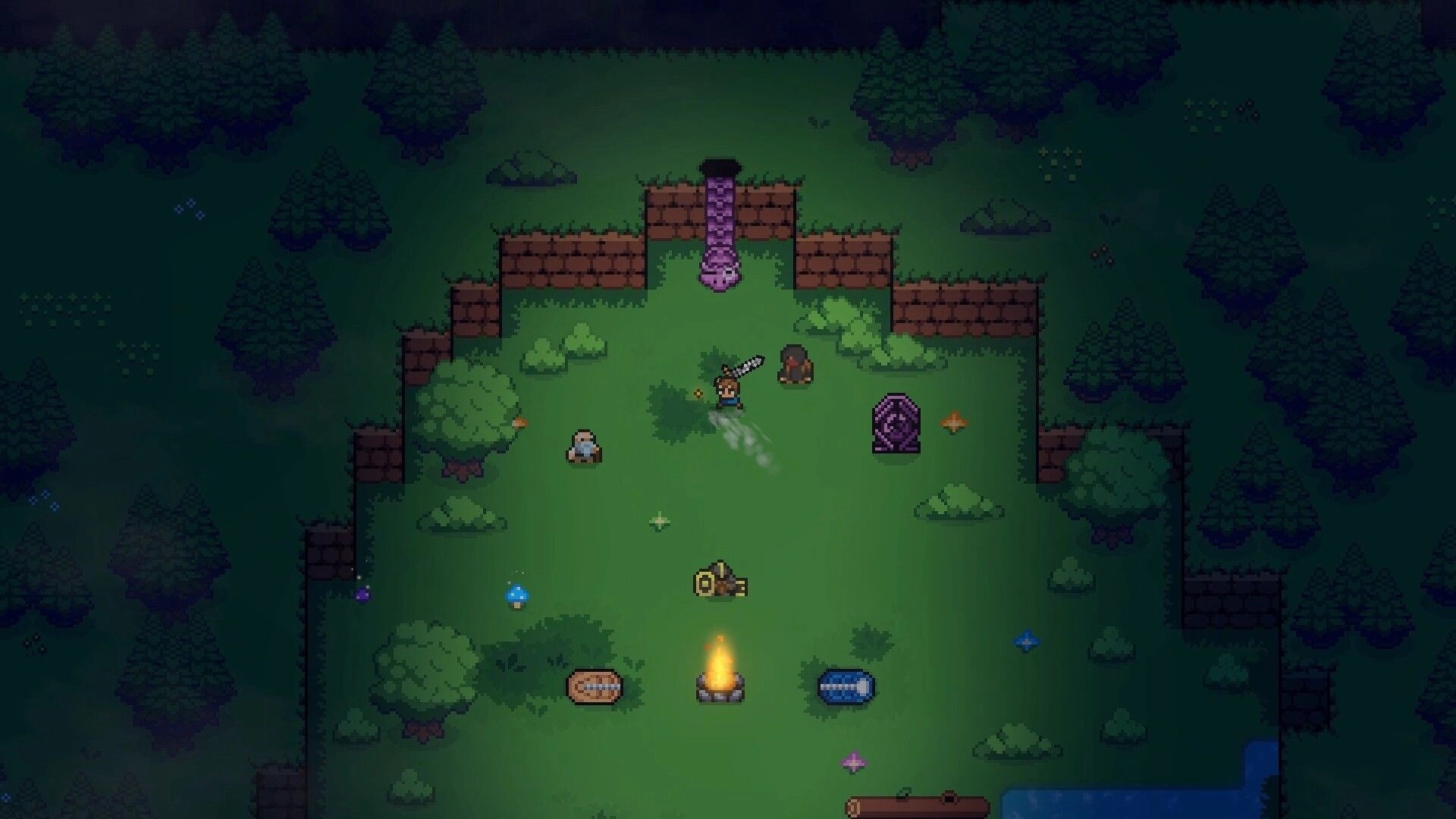 Lands of Fury: Hero with sword in grassy camp, campfire and runestones in a walled forest clearing.