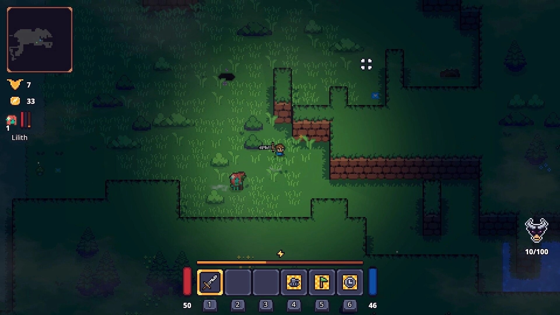 Lands of Fury: Top-down hero aims sword near Lilith companion in grassy ruins with hotbar UI.