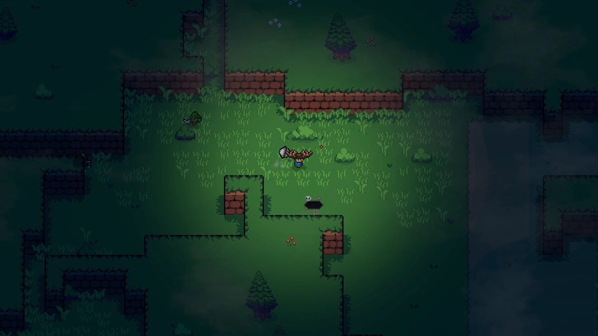 Lands of Fury: Top-down hero wields a huge axe in grassy ruins with stone walls and a slime enemy nearby.