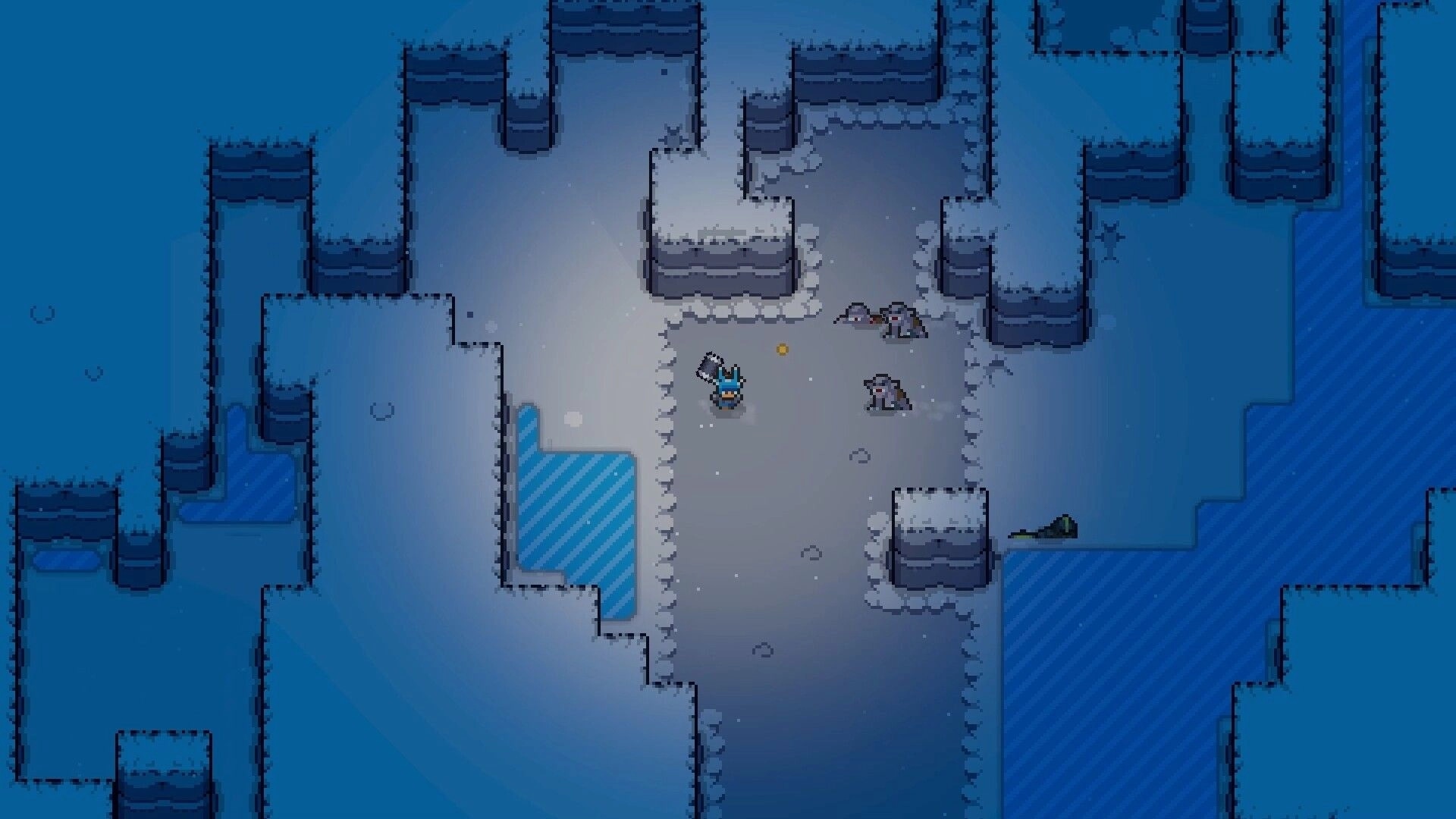 Lands of Fury: Top-down hero aims at two enemies in a snowy ice cave corridor with frozen pools nearby.