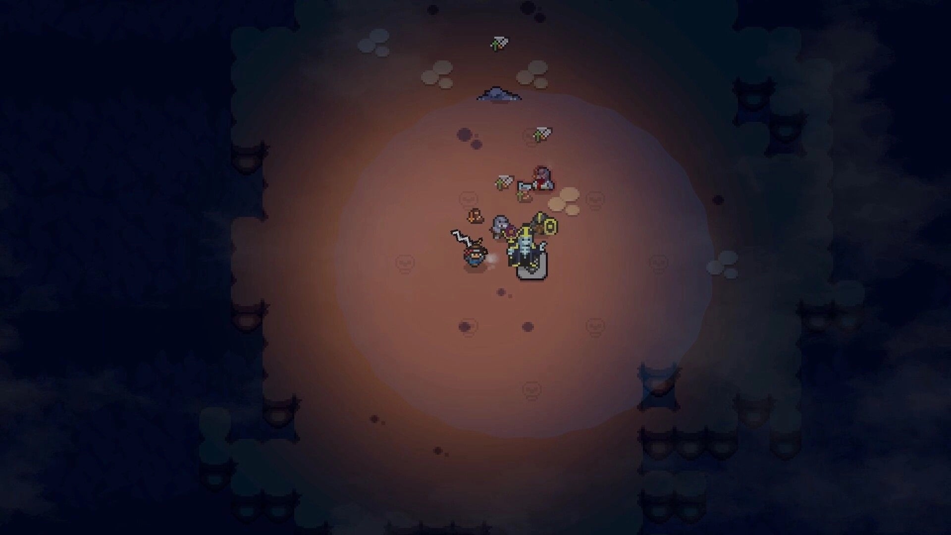 Lands of Fury: Top-down party battles a shielded knight in a torchlit snowy cave arena at night.