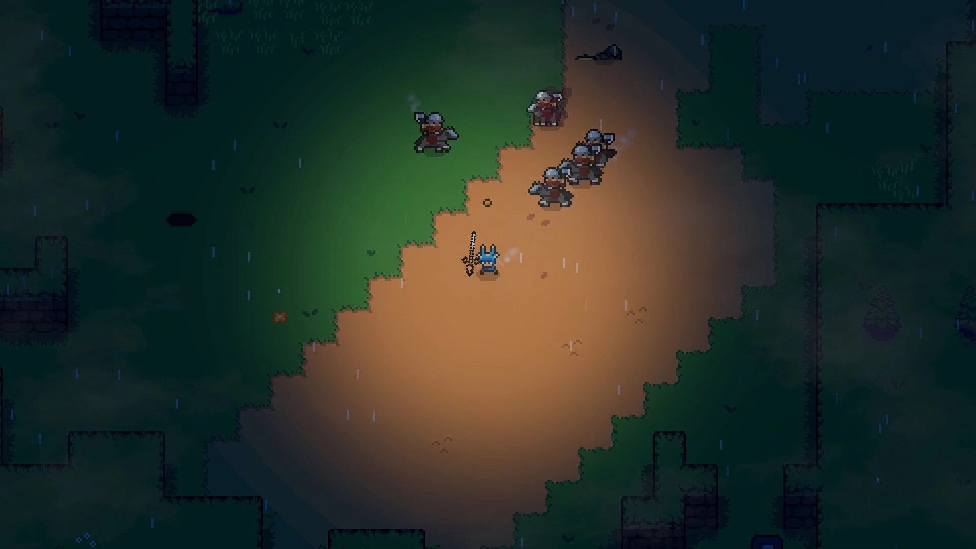Lands of Fury: Blue hero with sword faces axe-wielding foes on a rainy dirt path at night.