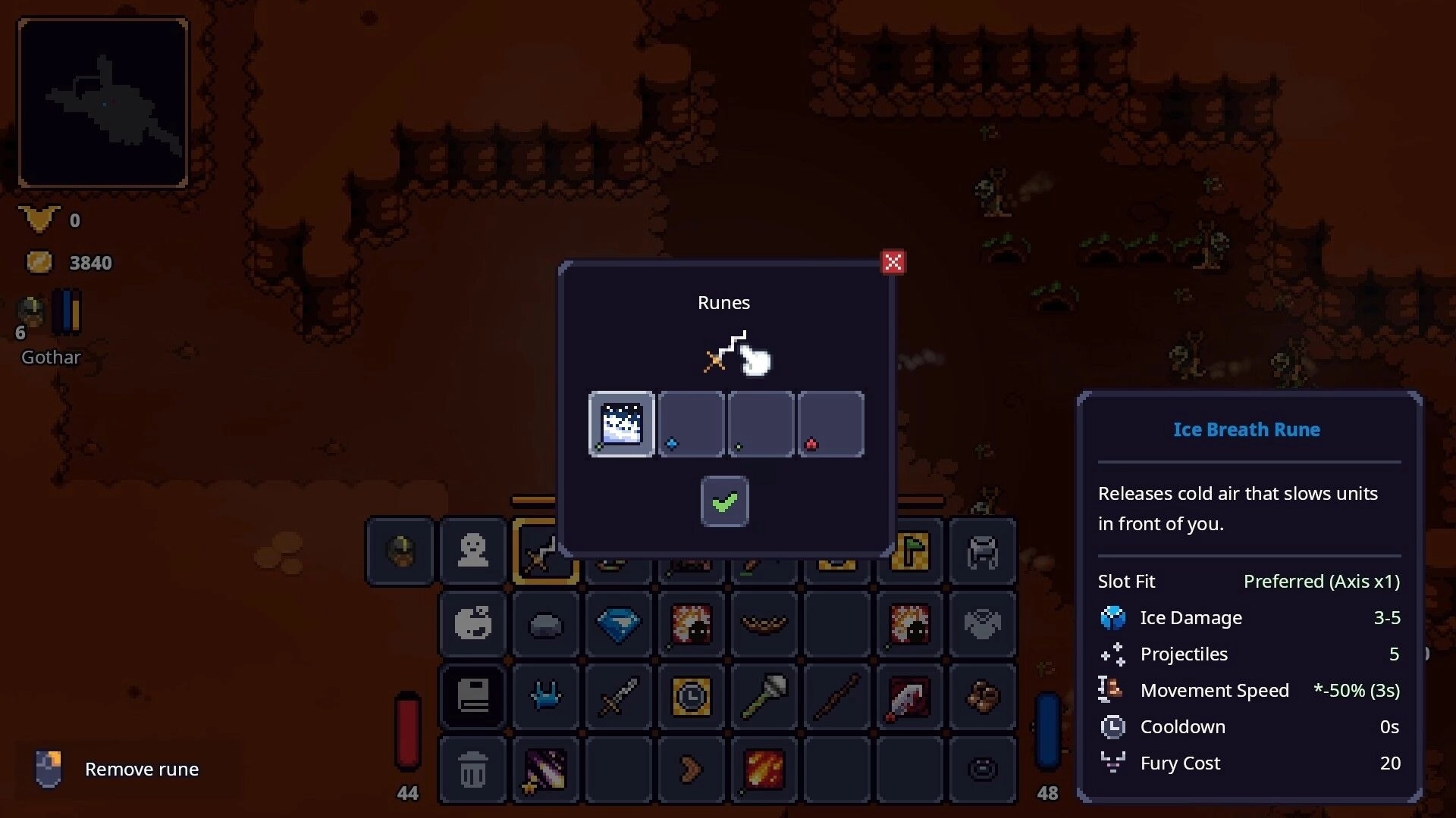 Lands of Fury: Runes menu selecting Ice Breath Rune over inventory grid in a brown cave dungeon UI.