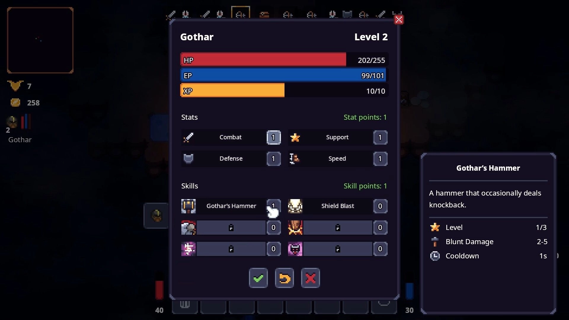Lands of Fury: Gothar level-up stats and skills menu with HP/EP/XP bars and hammer tooltip panel.