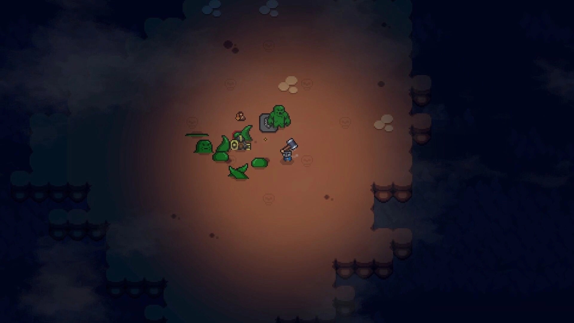 Lands of Fury: Hero swings a hammer at green slimes and a blob monster in a dim cave arena.
