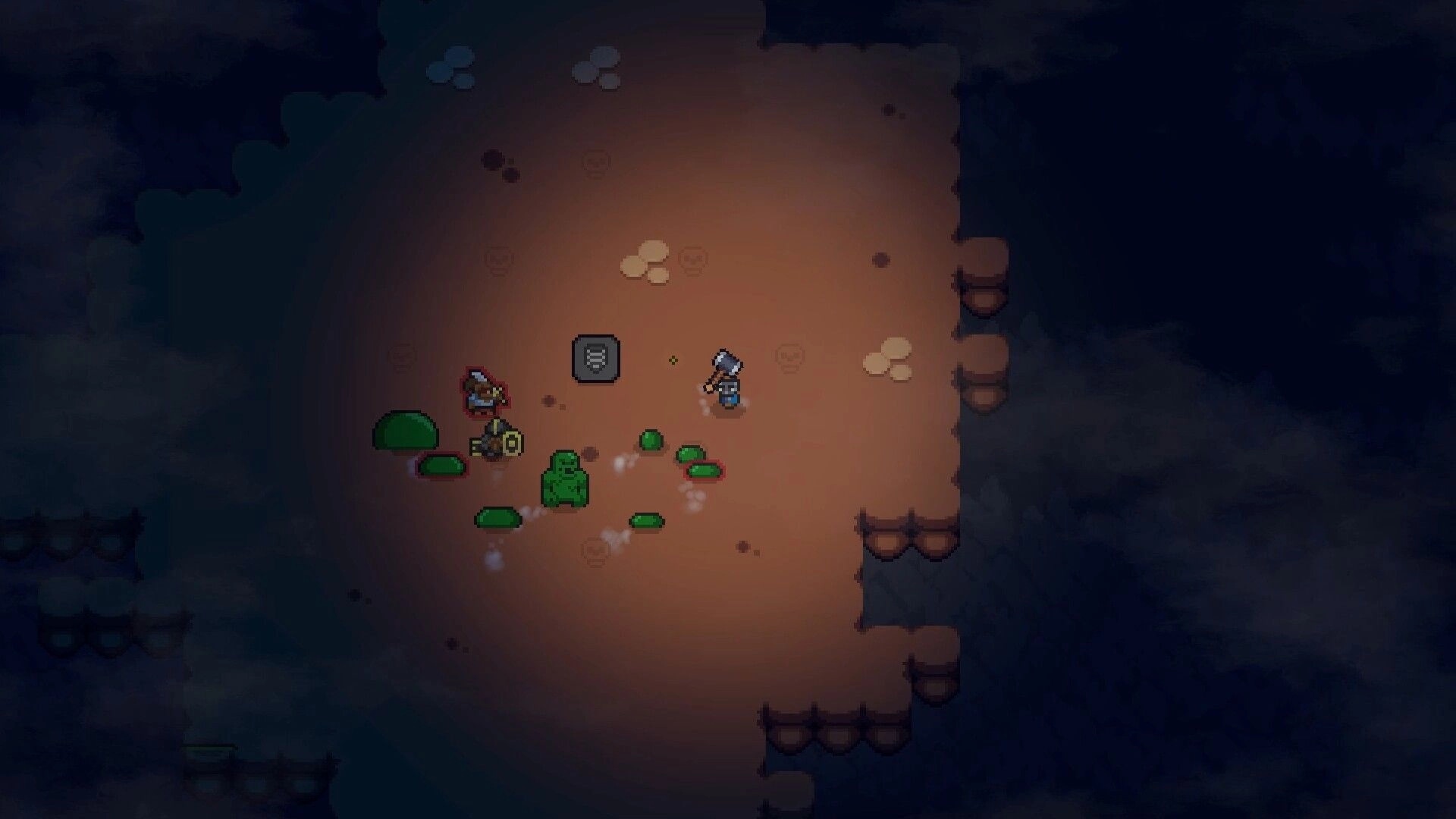 Lands of Fury: Top-down combat as two heroes battle green slimes in a dim cave arena with UI icons.