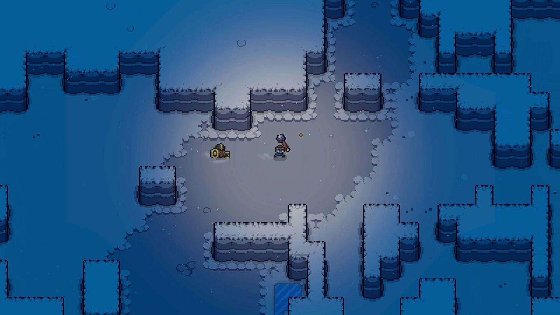 Lands of Fury: Hero with hammer stands by a small turret in a snowy cave corridor, top-down view.