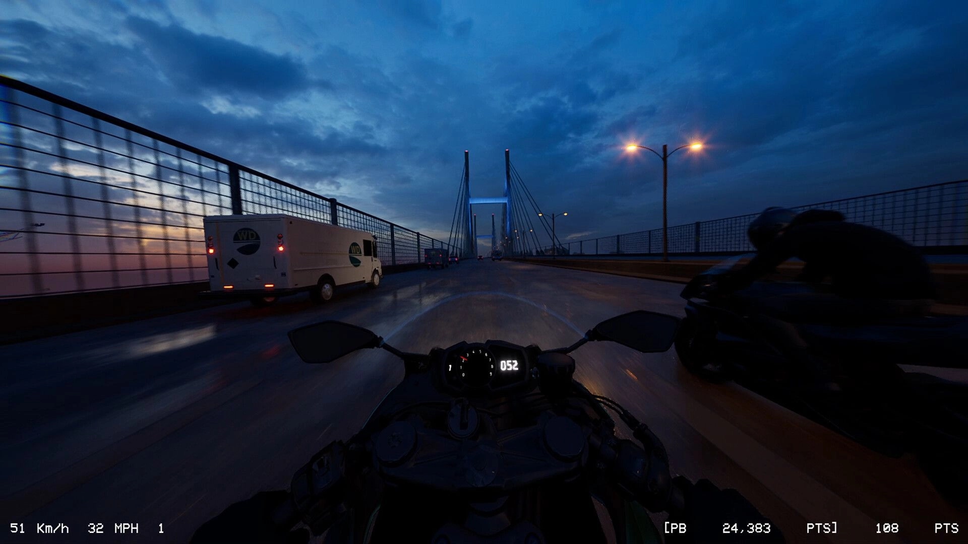 LANESPLIT: First-person view of motorbike racing on a bridge at dusk with traffic and speedometer visible
