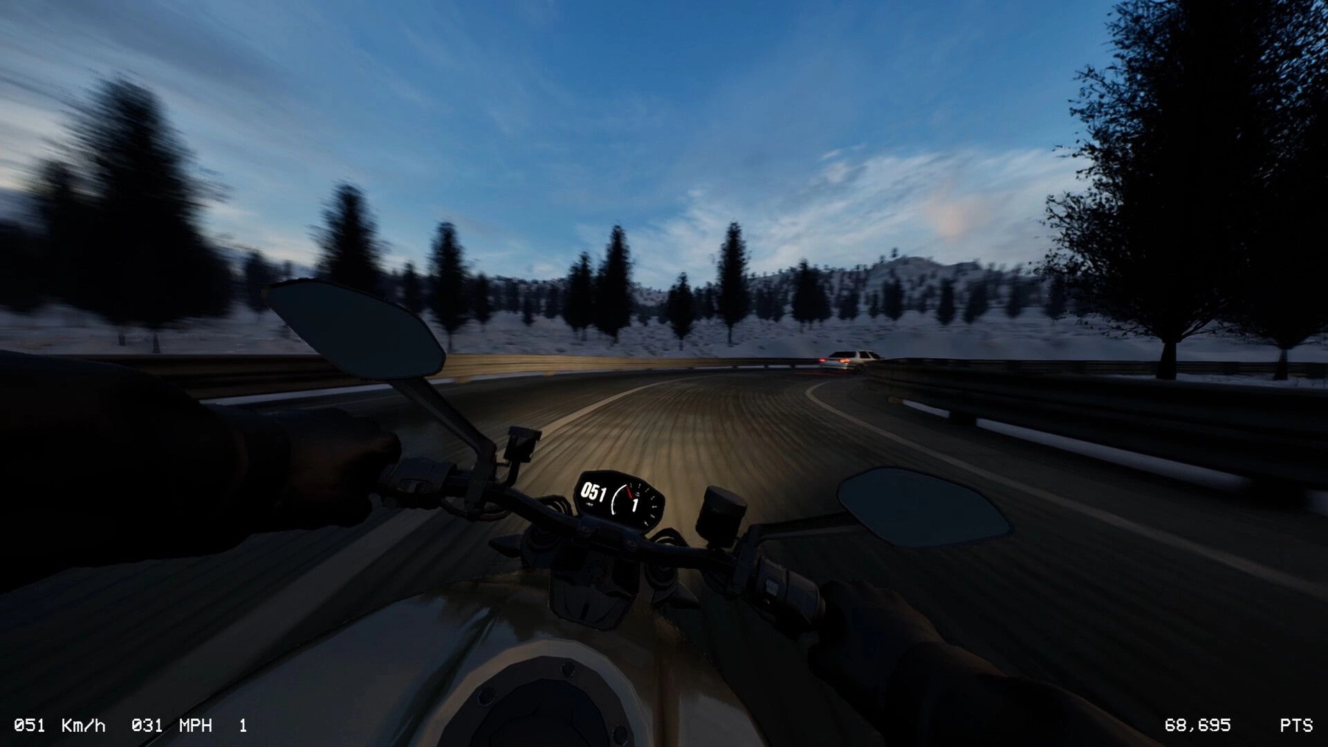 LANESPLIT: First-person view of motorbike racing through snowy forest with speedometer and score visible