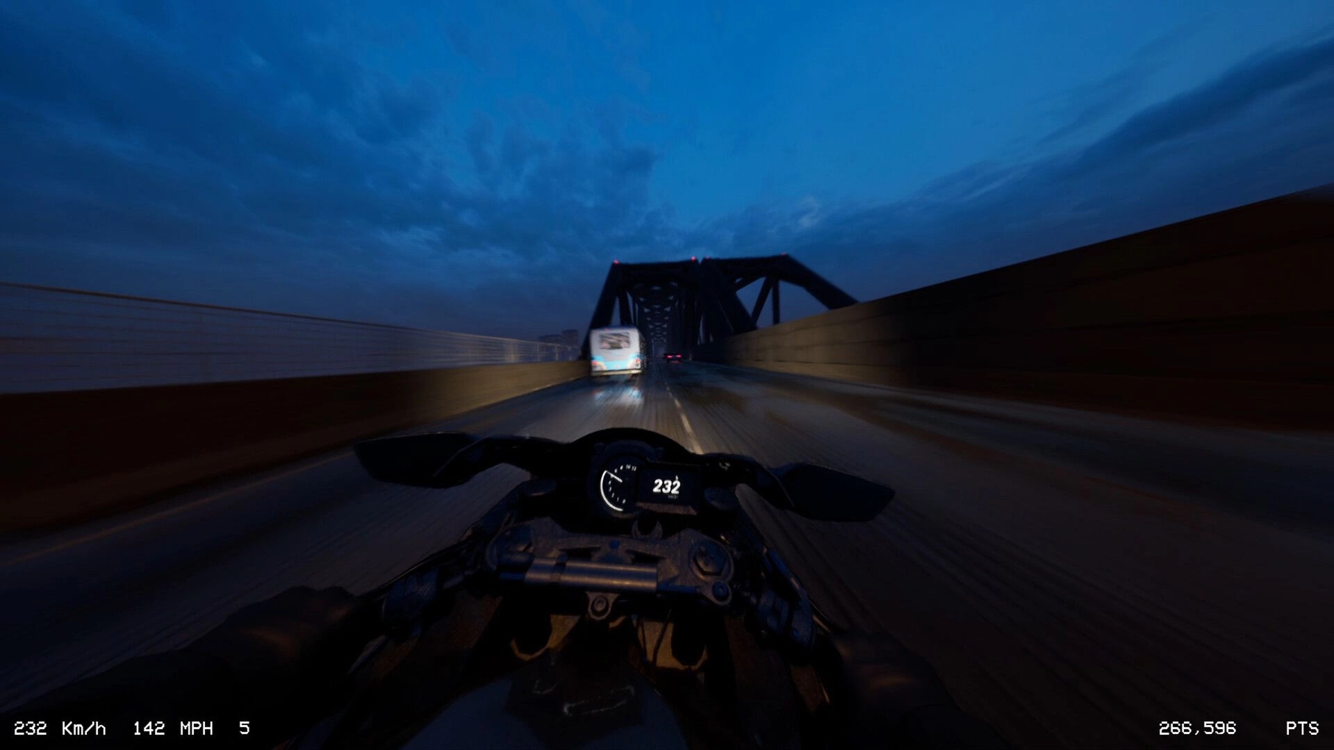 LANESPLIT: Racing view from a motorcycle at 232 km/h on a bridge at dusk, HUD shows speed and points