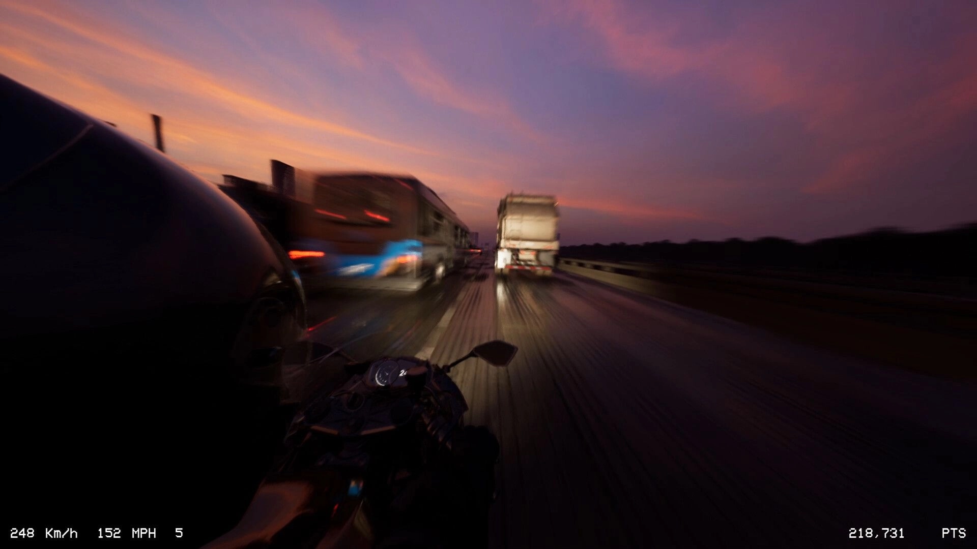 LANESPLIT: High-speed motorcycle weaving through traffic on highway at sunset, speedometer visible
