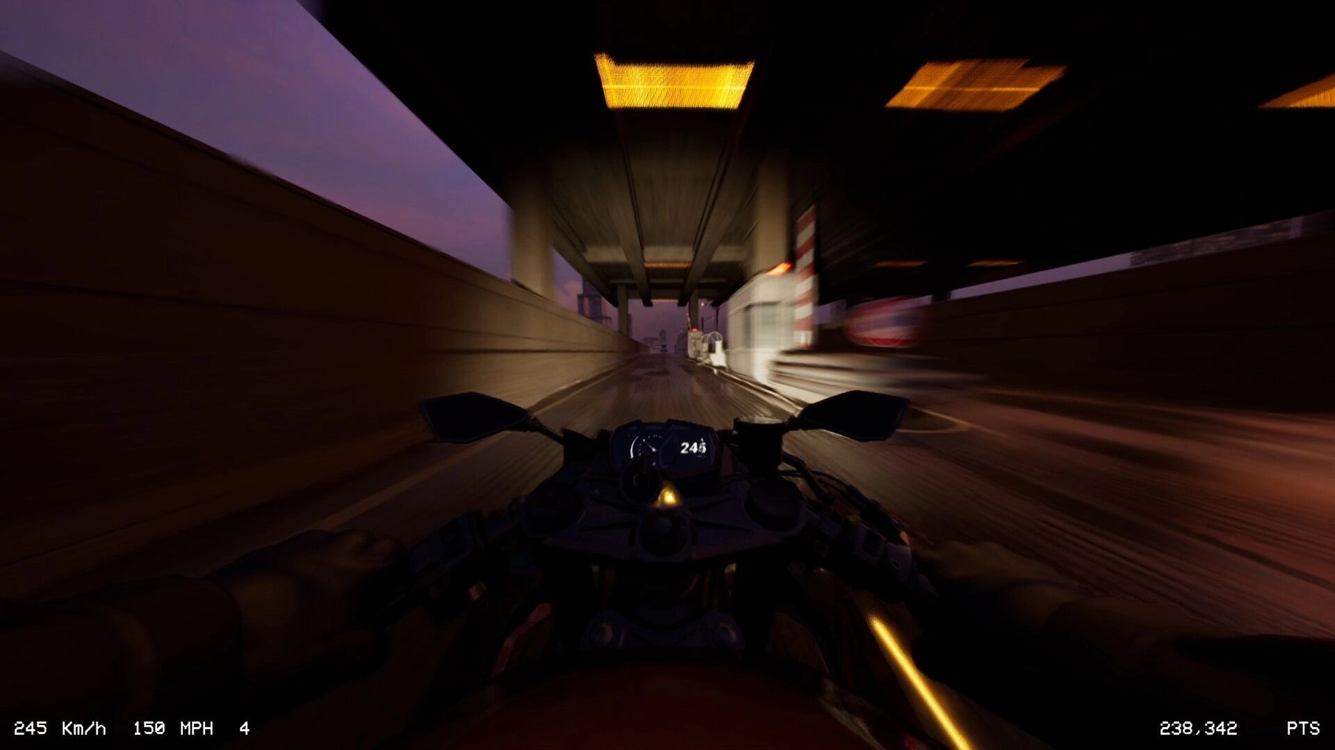 LANESPLIT: First-person view of motorcycle racing through tunnel at high speed, speedometer showing 245 km/h