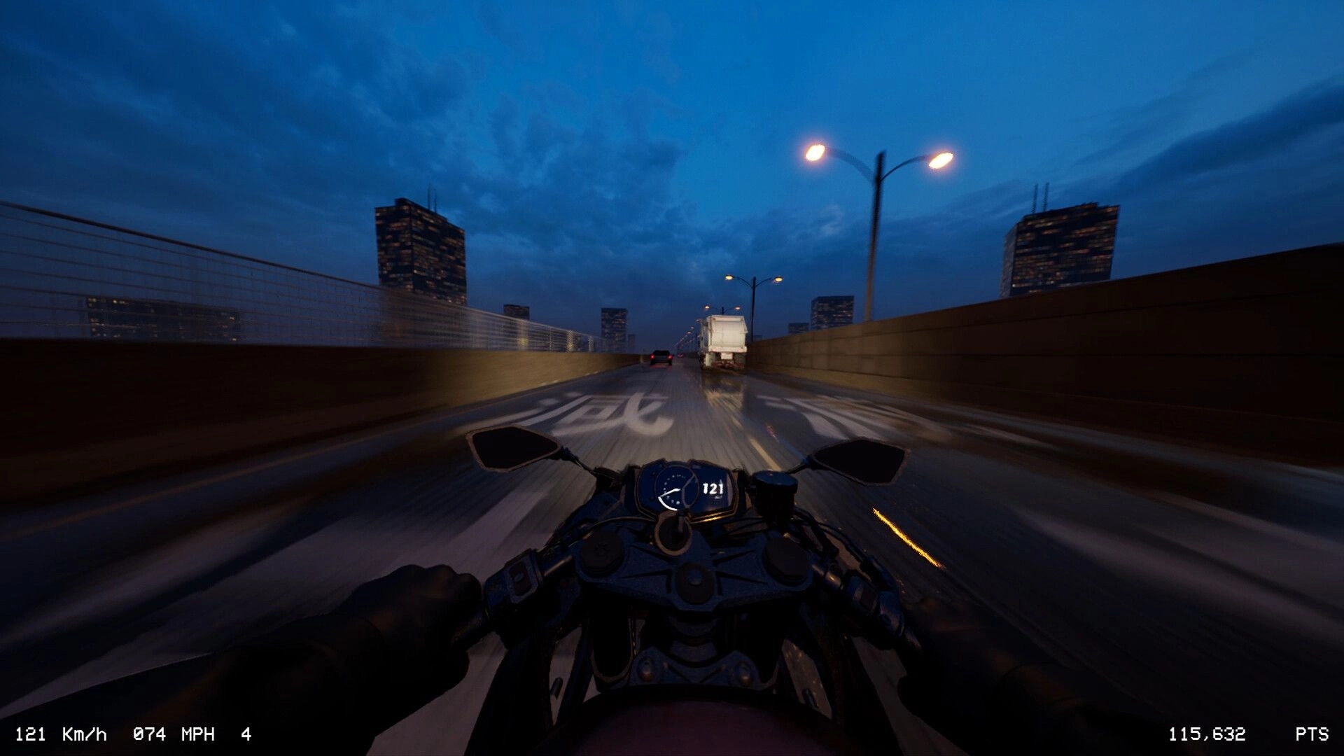 LANESPLIT: Rider speeds down a highway at night, dodging traffic with speedometer and score visible.