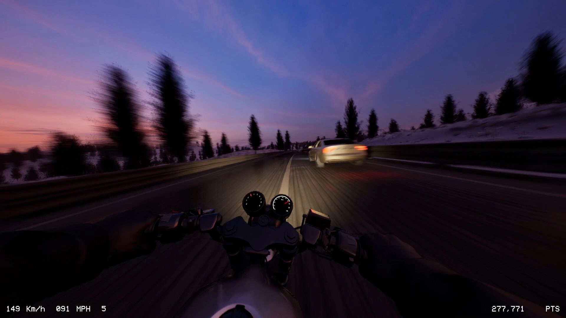 LANESPLIT: Racing a motorcycle at night on a wet city highway, speedometer showing 166 Km/h