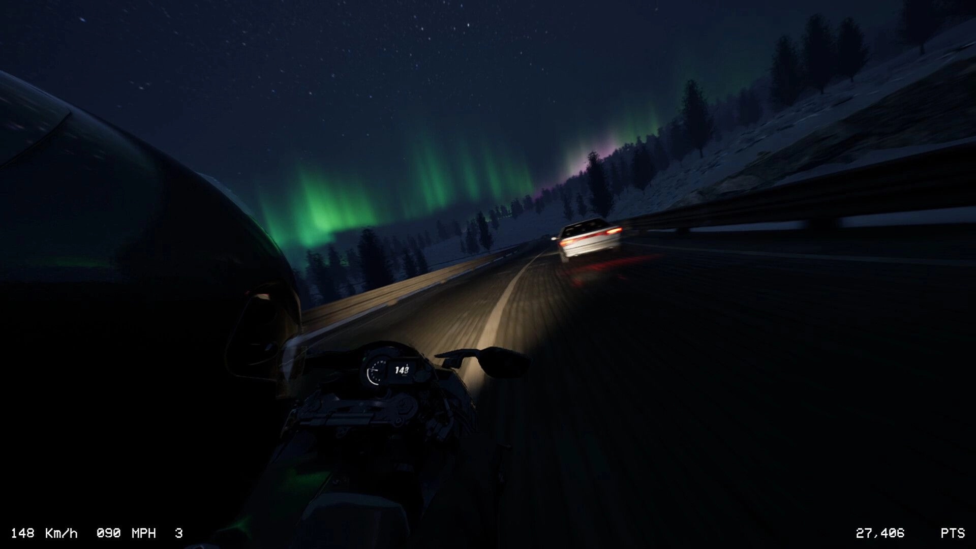 LANESPLIT: Motorcyclist speeds down snowy road under aurora borealis with speedometer in view.