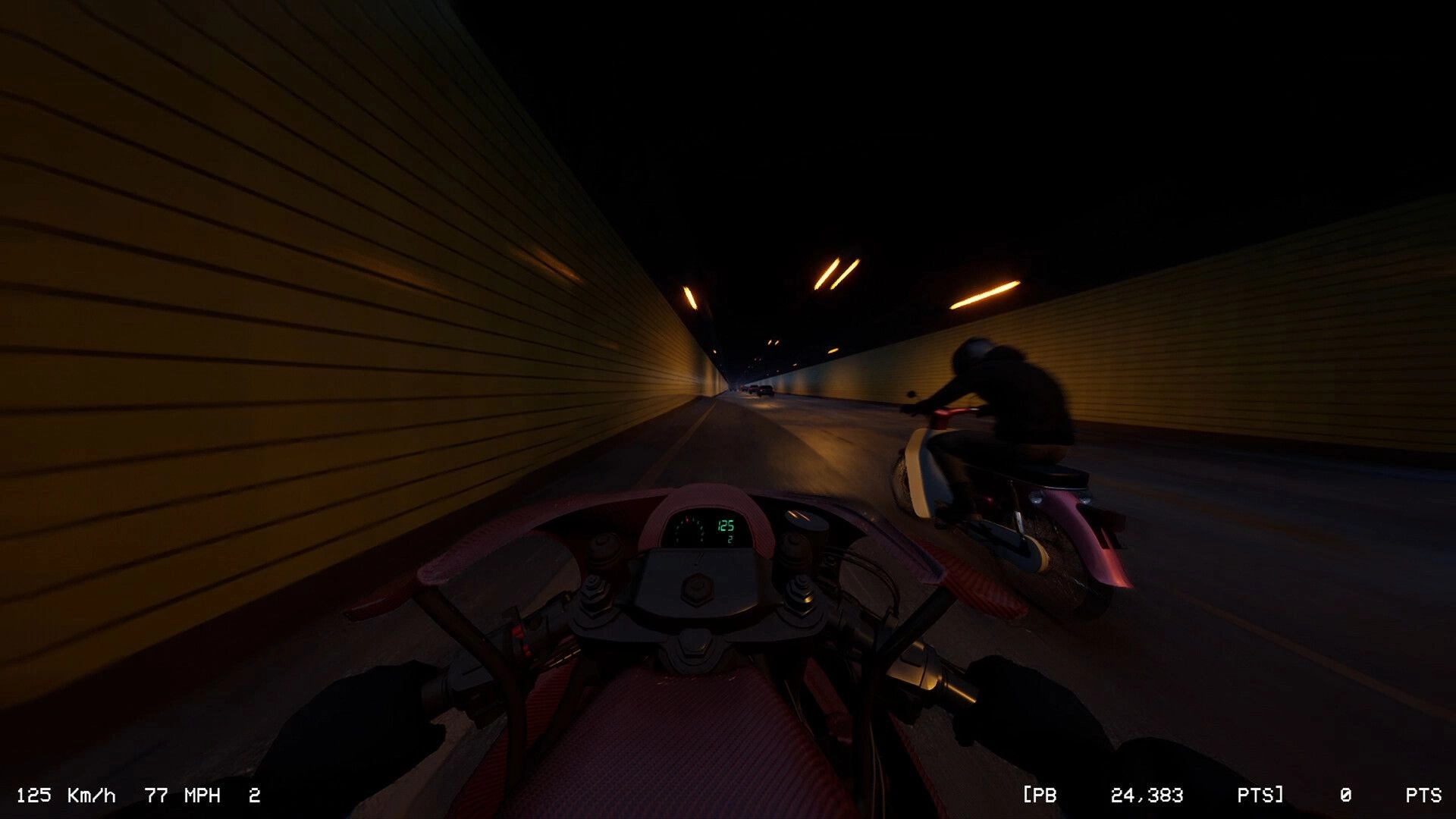 LANESPLIT: First-person view of high-speed motorcycle racing through a dimly lit tunnel at night