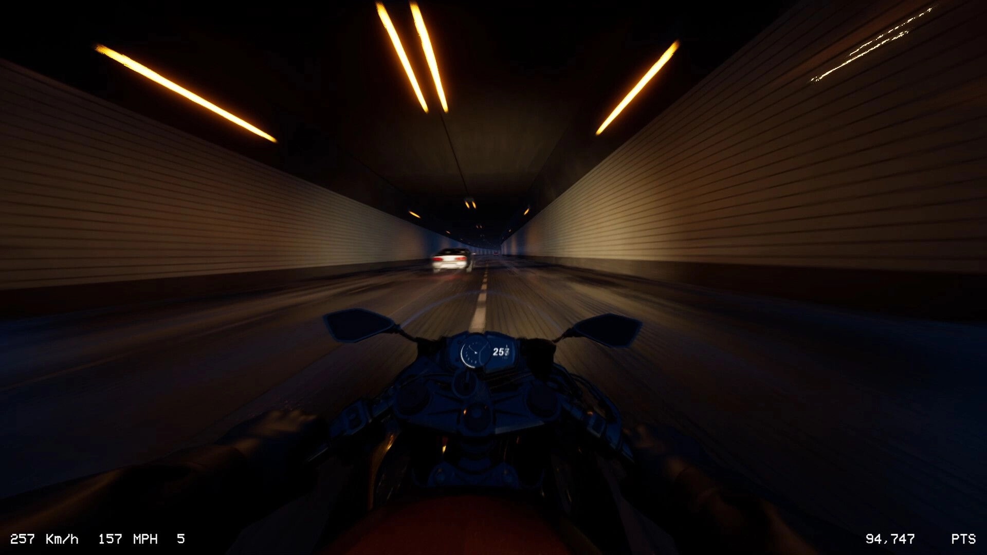 LANESPLIT: Racing a motorcycle through a dimly lit tunnel at high speed with blurred car passing by.