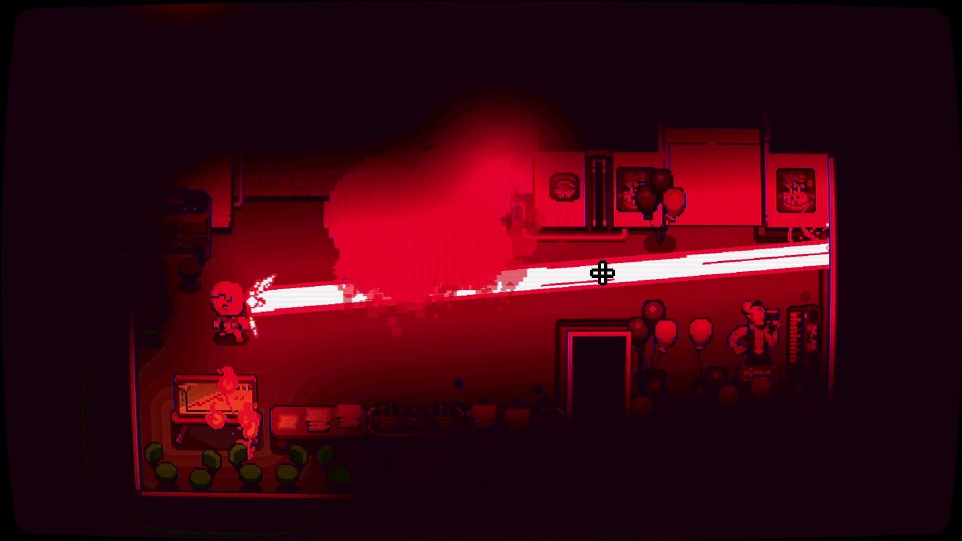Laser Guy: Aiming a long white laser beam across a red-lit office room with crosshair cursor.