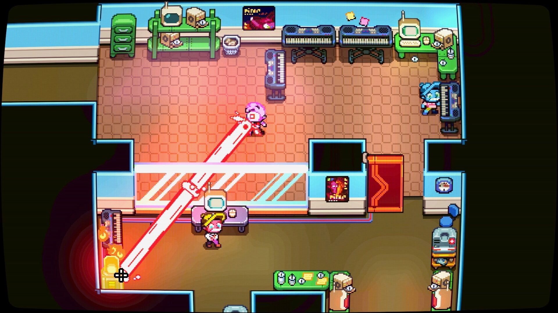 Laser Guy: Player aims twin red laser beams across office room with desks, synths, and coworkers.