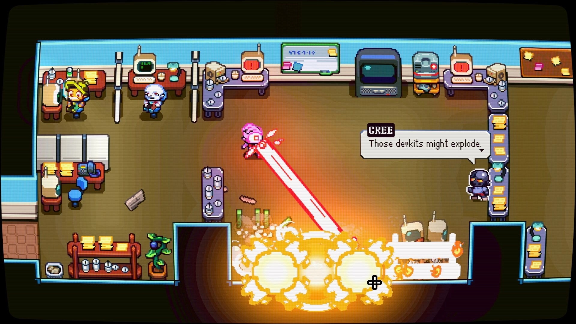 Laser Guy: Pink character fires laser, explosions erupt in office; dialogue box says CREE warns.