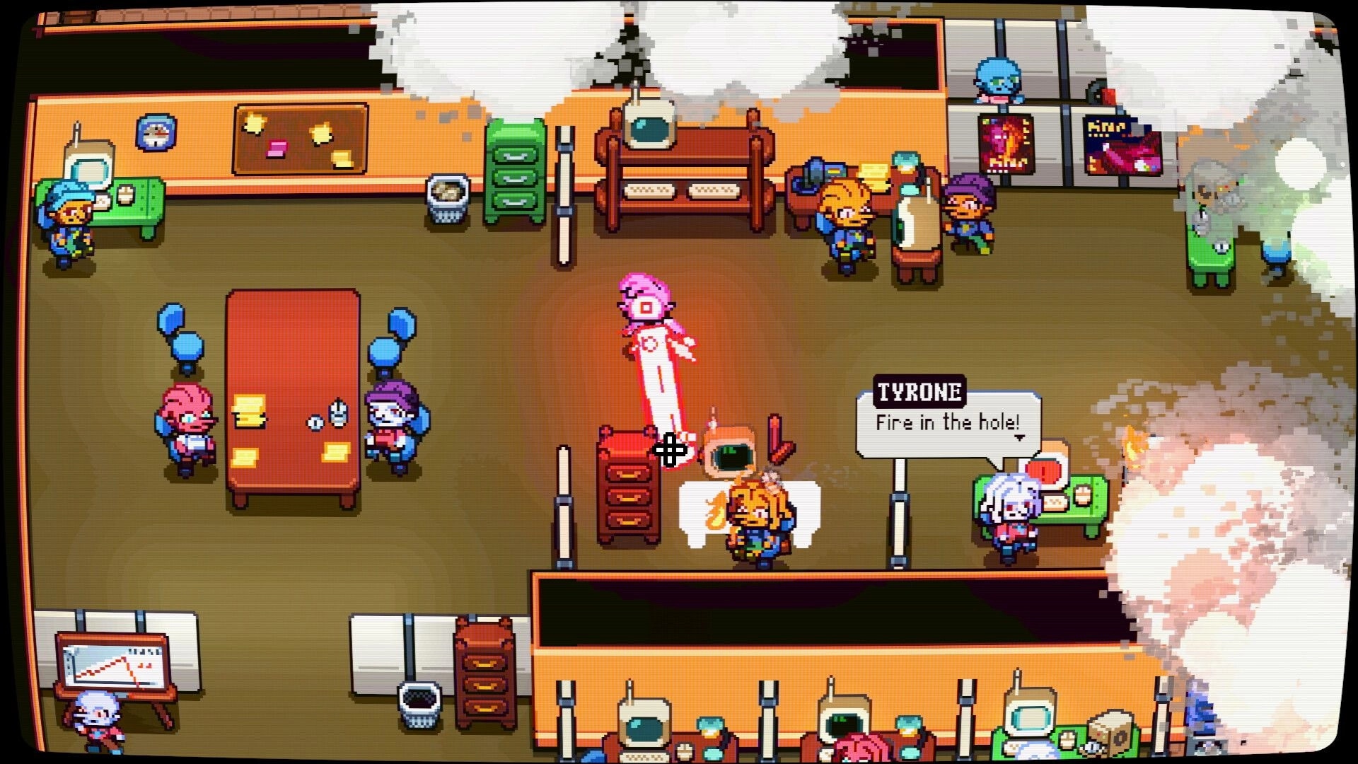 Laser Guy: Aiming a red laser at coworkers in pixel office, dialogue box says TYRONE Fire in the hole!.