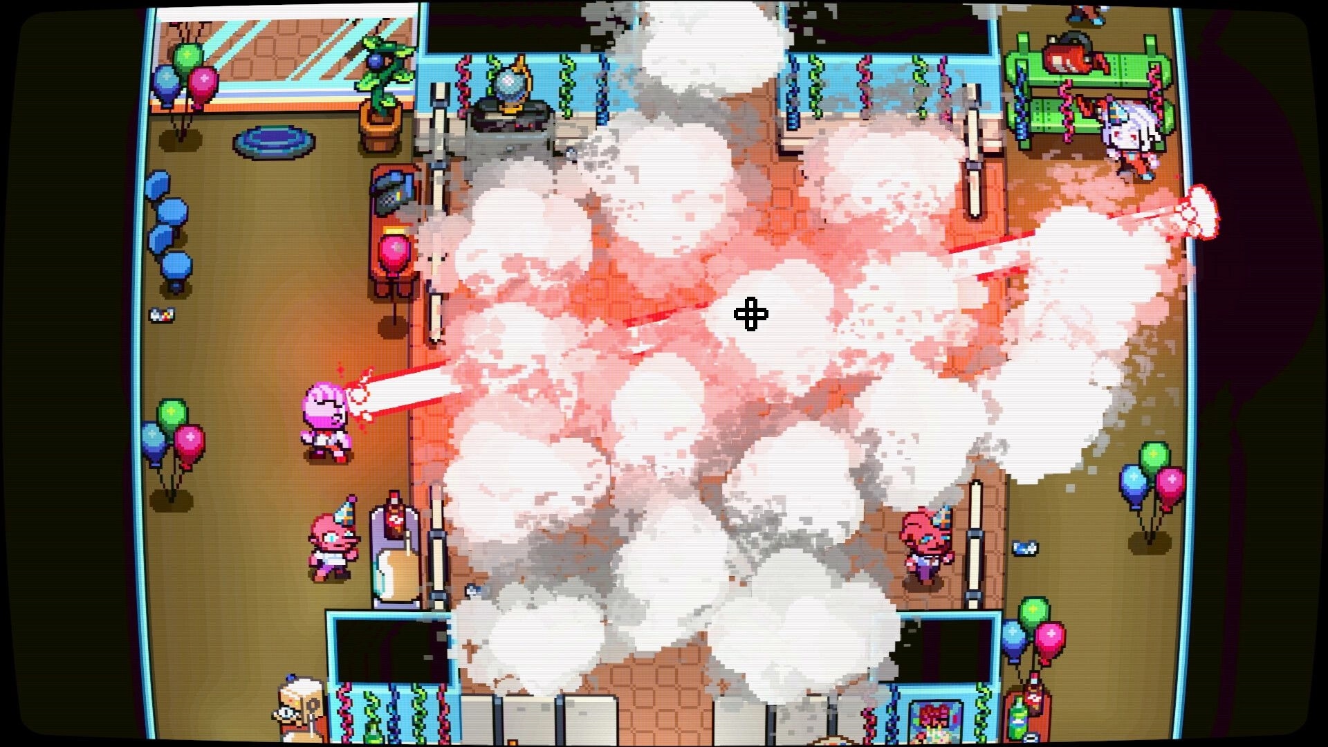 Laser Guy: Player fires red laser through smoke clouds in office party room with balloons and desks.