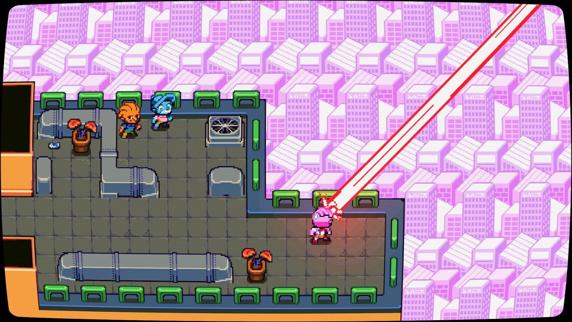 Laser Guy: Pink-suited hero fires a red laser across a rooftop office with pipes, vents, coworkers.